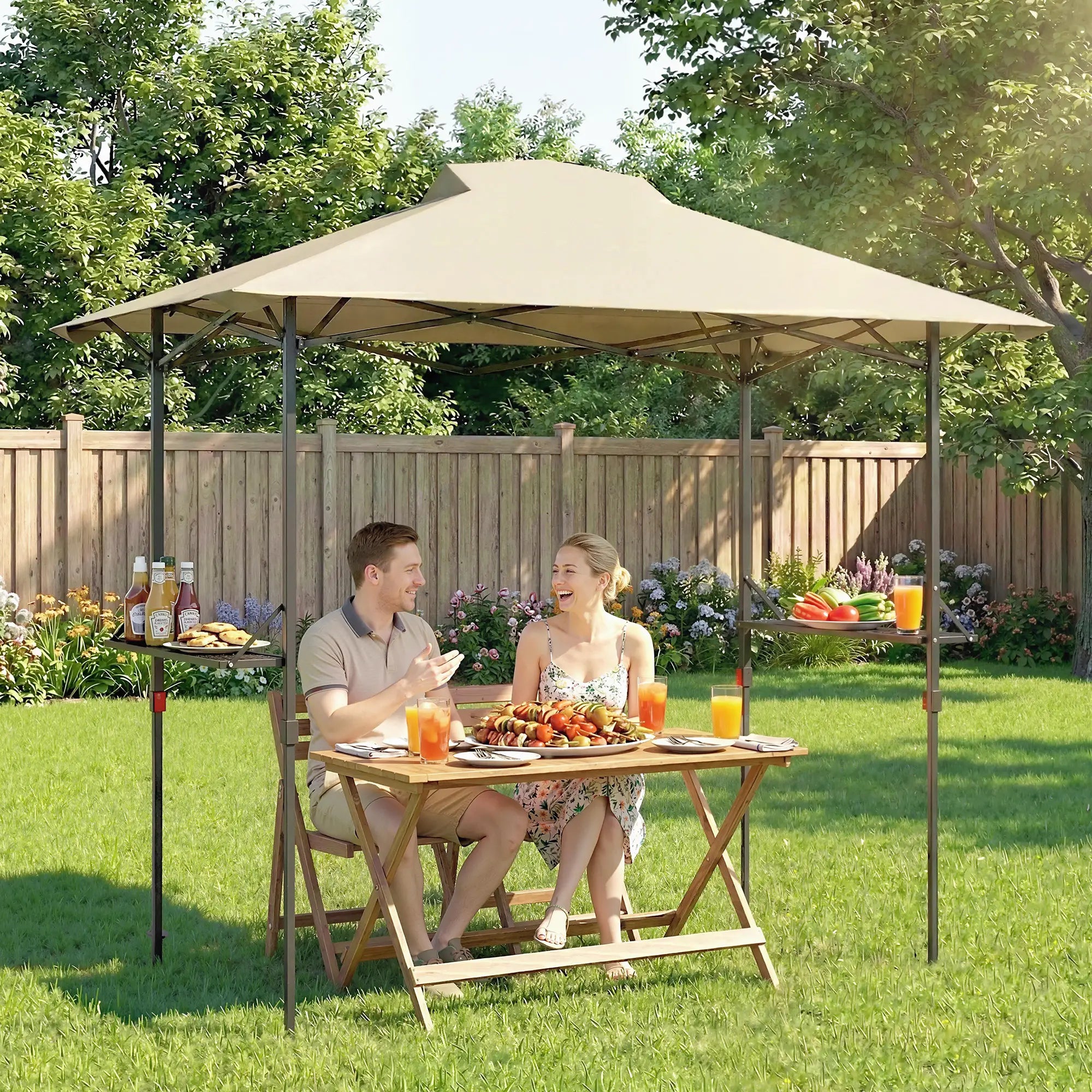 5 x 8.5 ft Pop Up Grill Gazebo, 2 Shelves, UPF 50+ Canopy, Khaki Pop Up Canopies at Gallery Canada