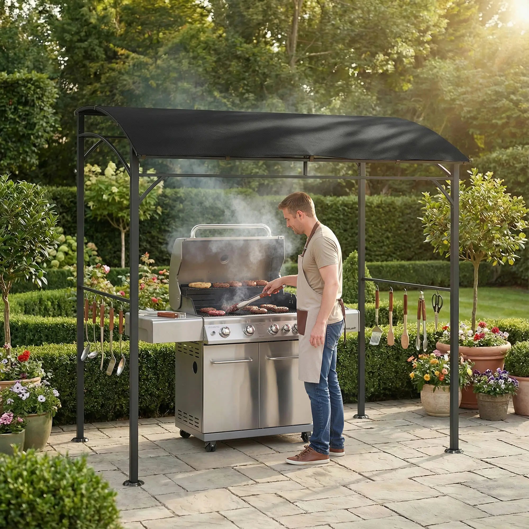 7' x 5' Black Garden Grill Canopy, BBQ Gazebo Tent With Steel Frame, Black BBQ Grill Gazebos at Gallery Canada