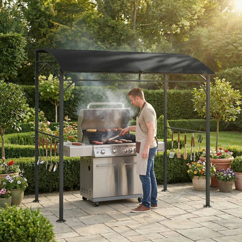 7' x 5' Black Garden Grill Canopy, BBQ Gazebo Tent With Steel Frame, Black