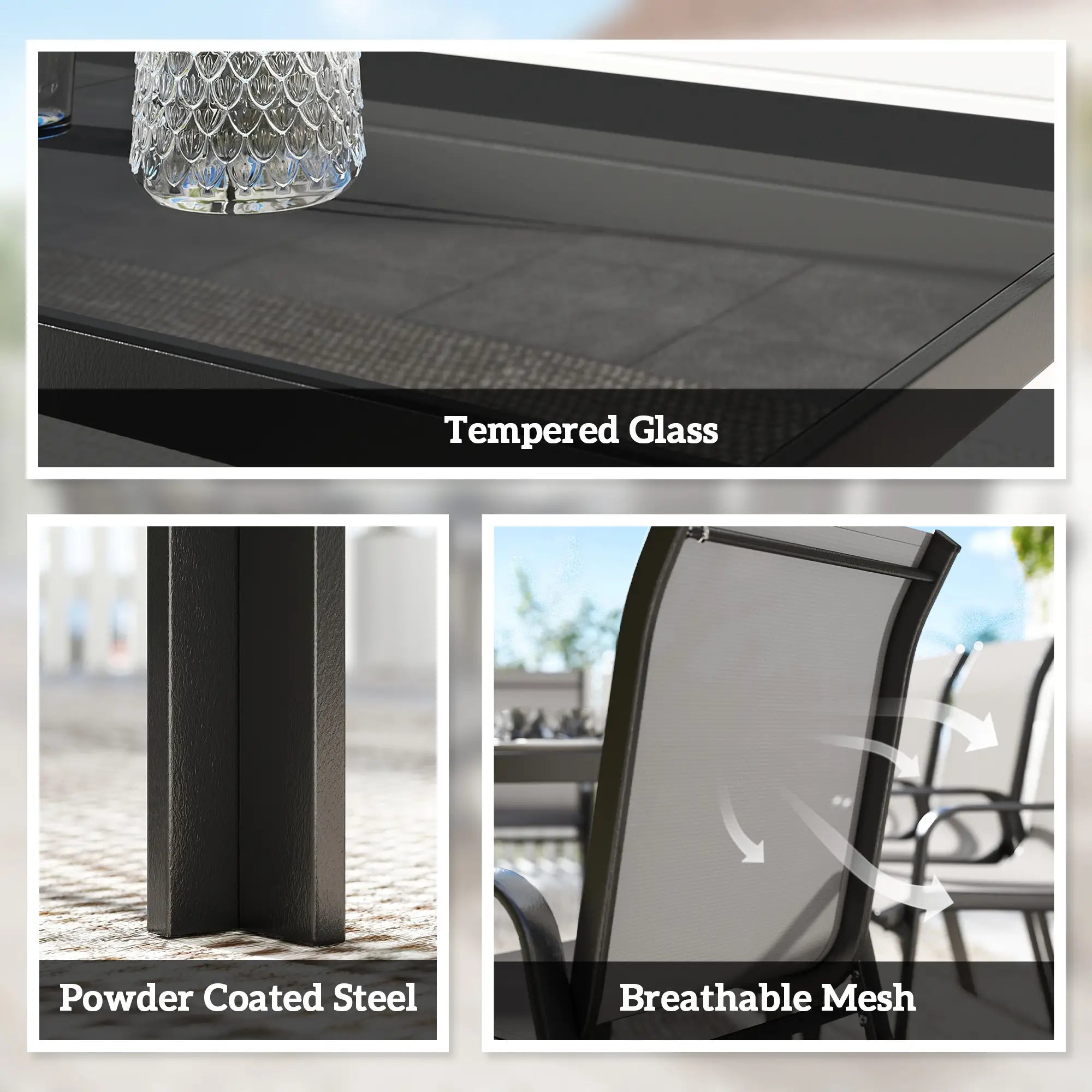 9 Piece Patio Set, Stackable Chairs, Glass Top, Light Grey Outdoor Dining Sets at Gallery Canada
