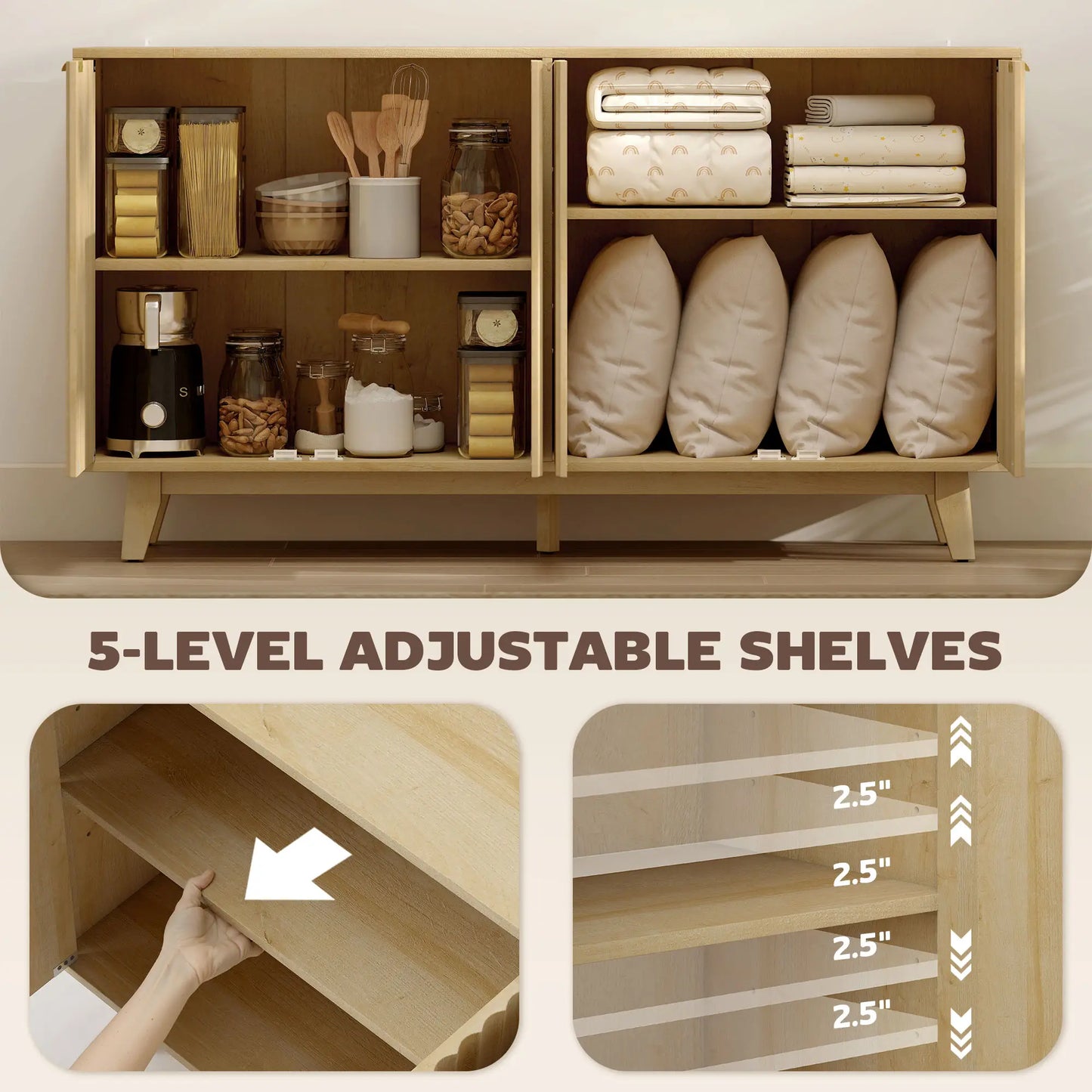 Fluted Sideboard Buffet, 55" Coffee Bar Cabinet, 4 Doors, 2 Shelves, Nature Wood Storage Cabinets at Gallery Canada