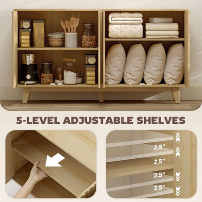 Fluted Sideboard Buffet, 55" Coffee Bar Cabinet, 4 Doors, 2 Shelves, Nature Wood Storage Cabinets at Gallery Canada