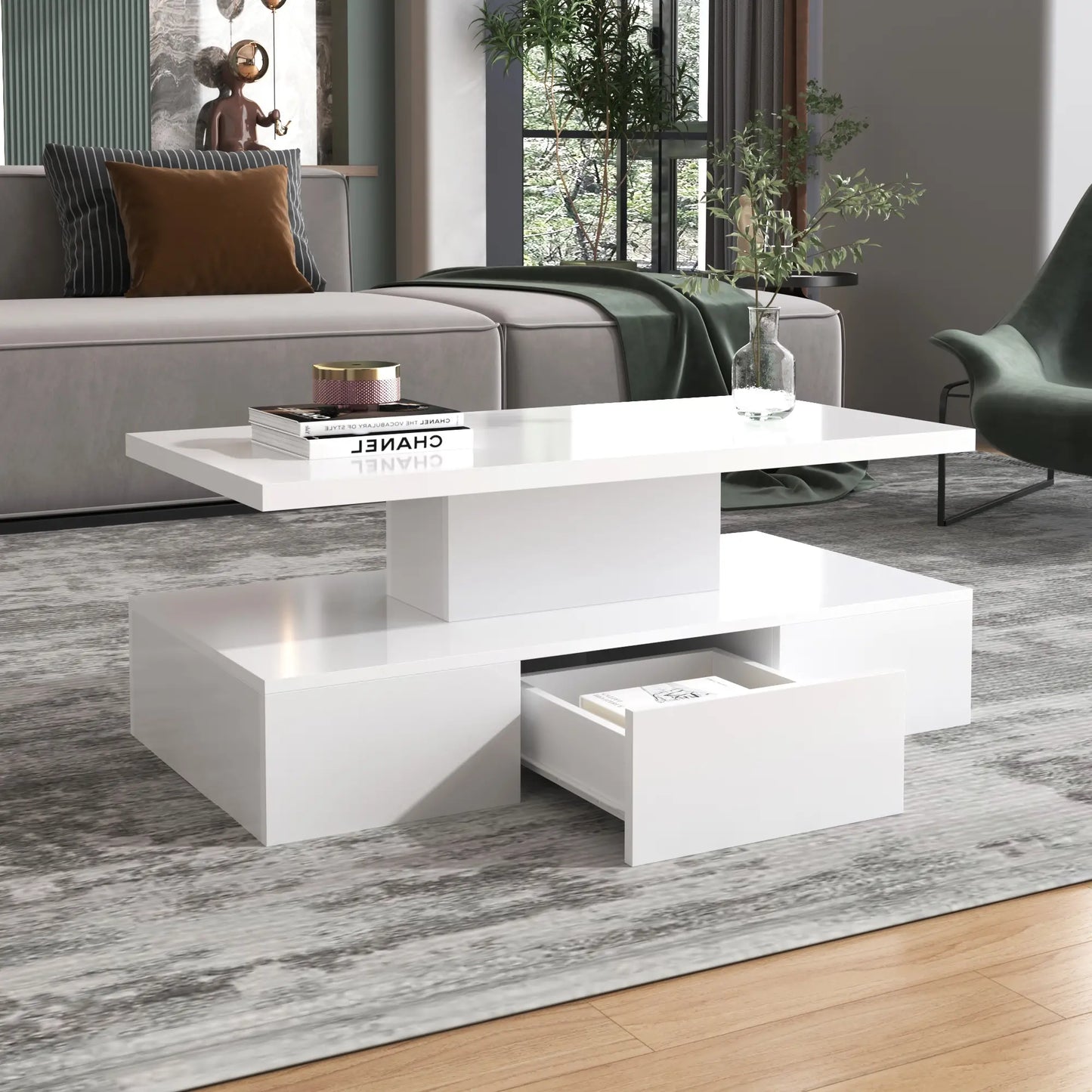 High-Gloss Coffee Table, Hidden Drawer, 39.5" L x 19.5" W x 15.5" H, White Coffee Tables at Gallery Canada