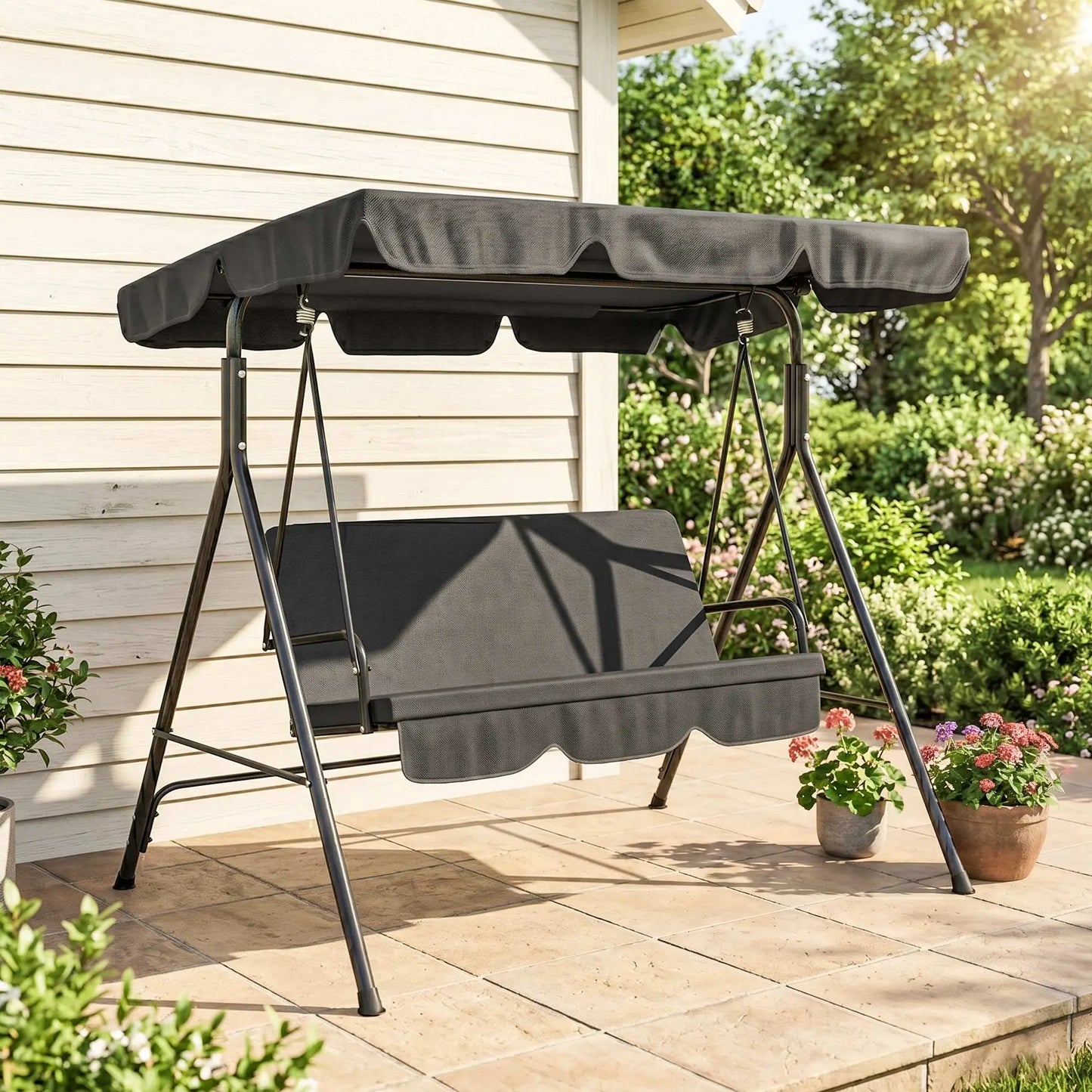 3-Seater Outdoor Porch Swing, Adjustable Canopy, Black Patio Swings with Stand at Gallery Canada