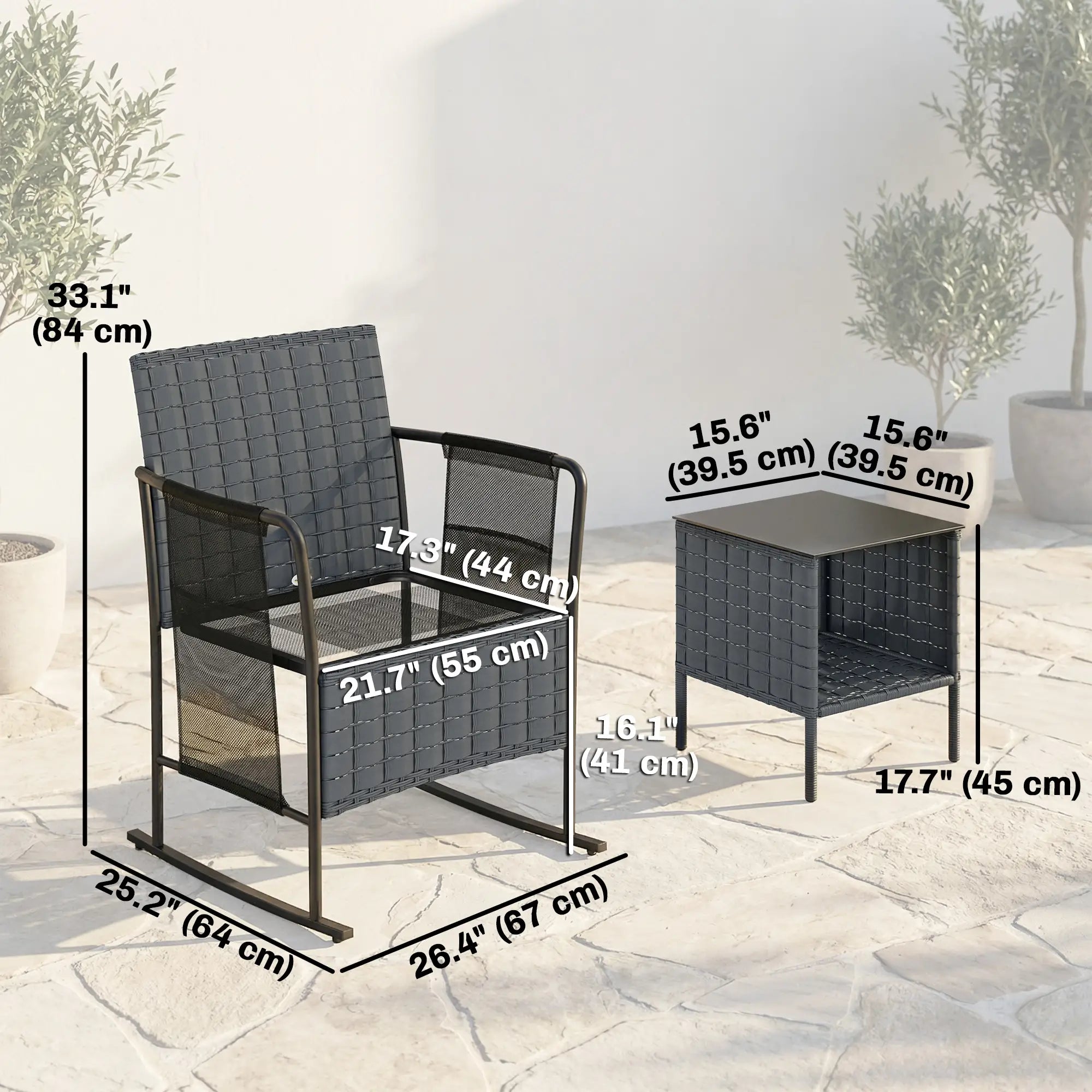 3-Piece Rocking Bistro Set, Mesh Seat, Cushions, 2-Tier Table, Grey Bistro Sets at Gallery Canada