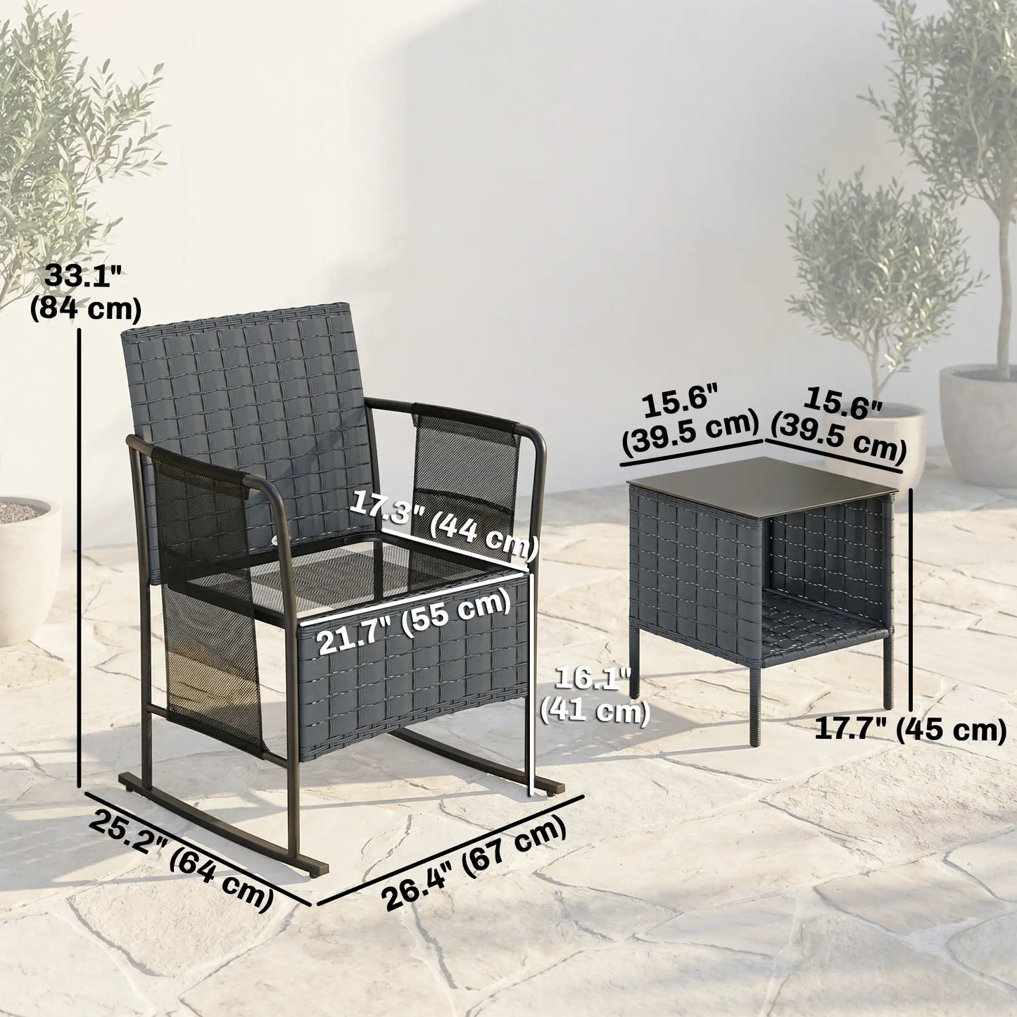 3-Piece Rocking Bistro Set, Mesh Seat, Cushions, 2-Tier Table, Grey Bistro Sets at Gallery Canada
