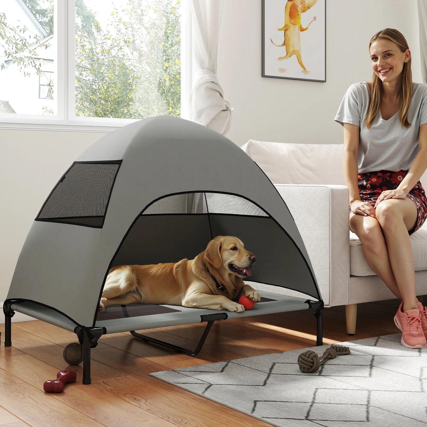 Elevated Dog Bed With Canopy, Washable Mesh, Steel Frame, 41.7" x 29.9" x 39", Light Grey Elevated Dog Beds at Gallery Canada