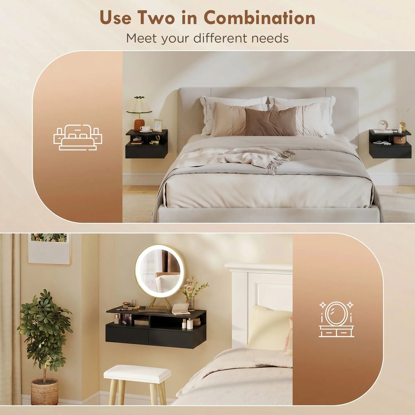 Floating Nightstand Set of 2, Wall Mounted Bedside Table with with Power Outlets, Drawer and Shelf, Black
