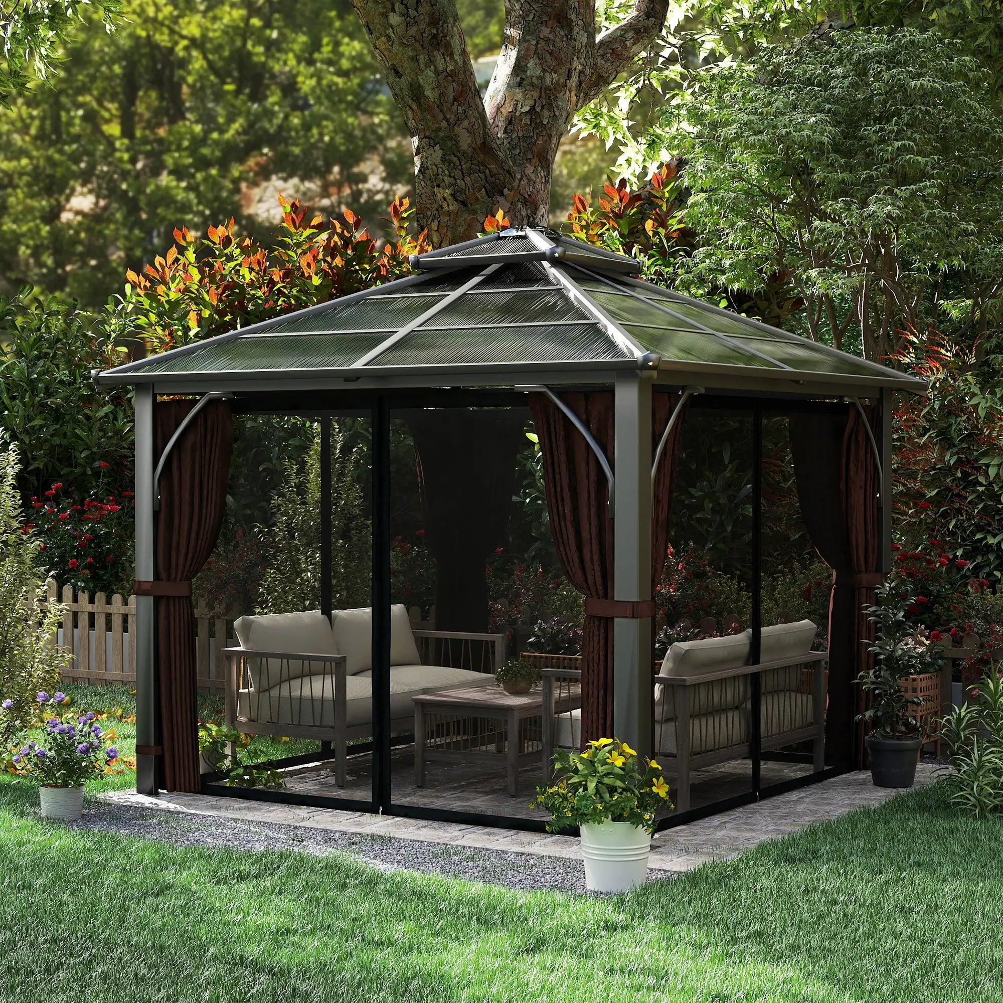 10' x 10' Hardtop Gazebo, 7mm Polycarbonate Roof, Netting And Curtains, Coffee Gazebos at Gallery Canada