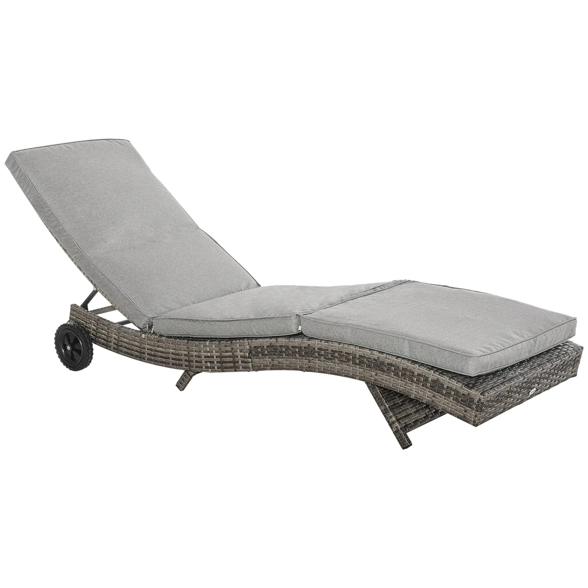 Adjustable Wicker Chaise Lounge Chair with Cushion, Wheels, Grey Chaise Loungers Grey at Gallery Canada