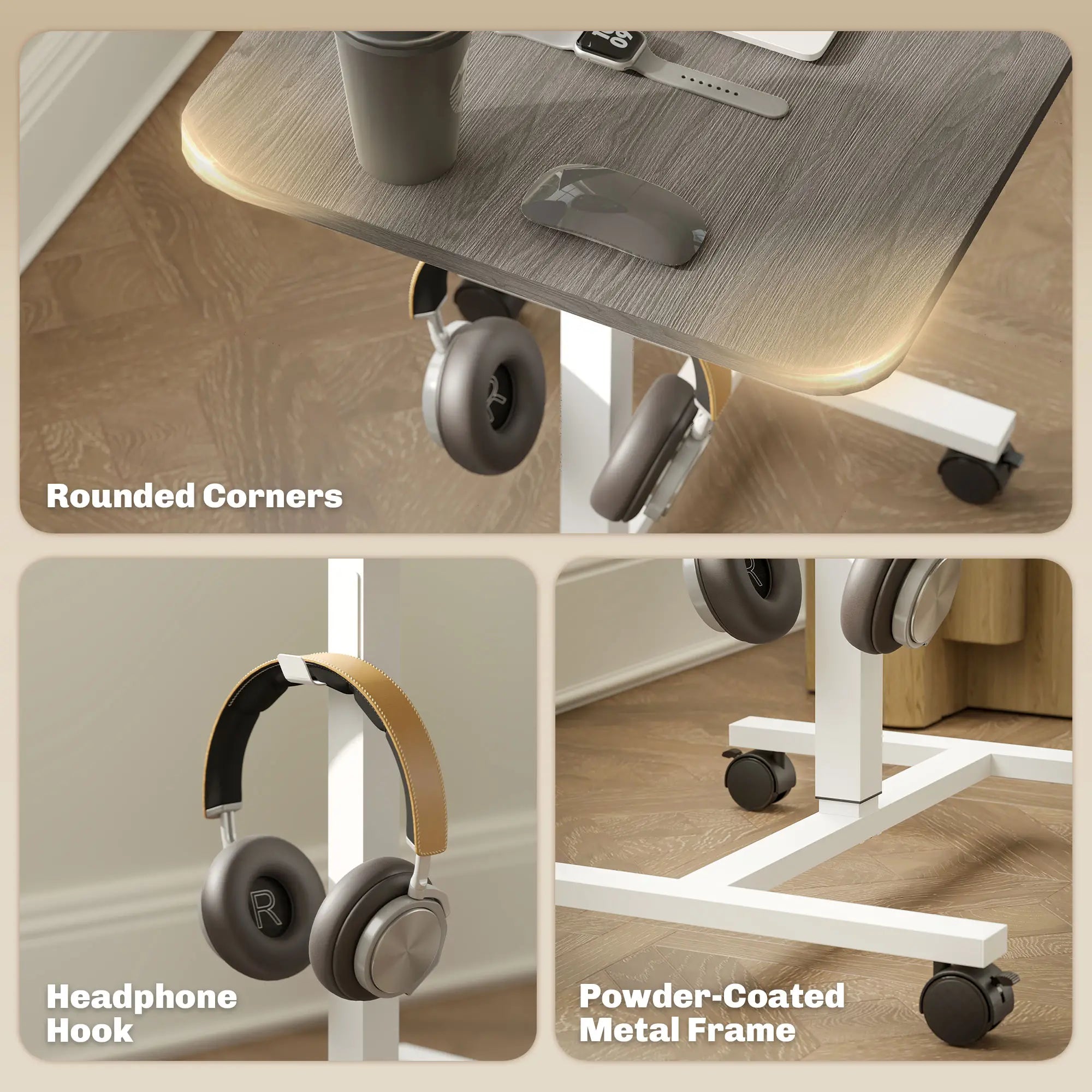 Height Adjustable Standing Desk, Pneumatic Sit Stand Desk with Wheels and Headphone Hook, Grey Office Desks & Work Stations at Gallery Canada
