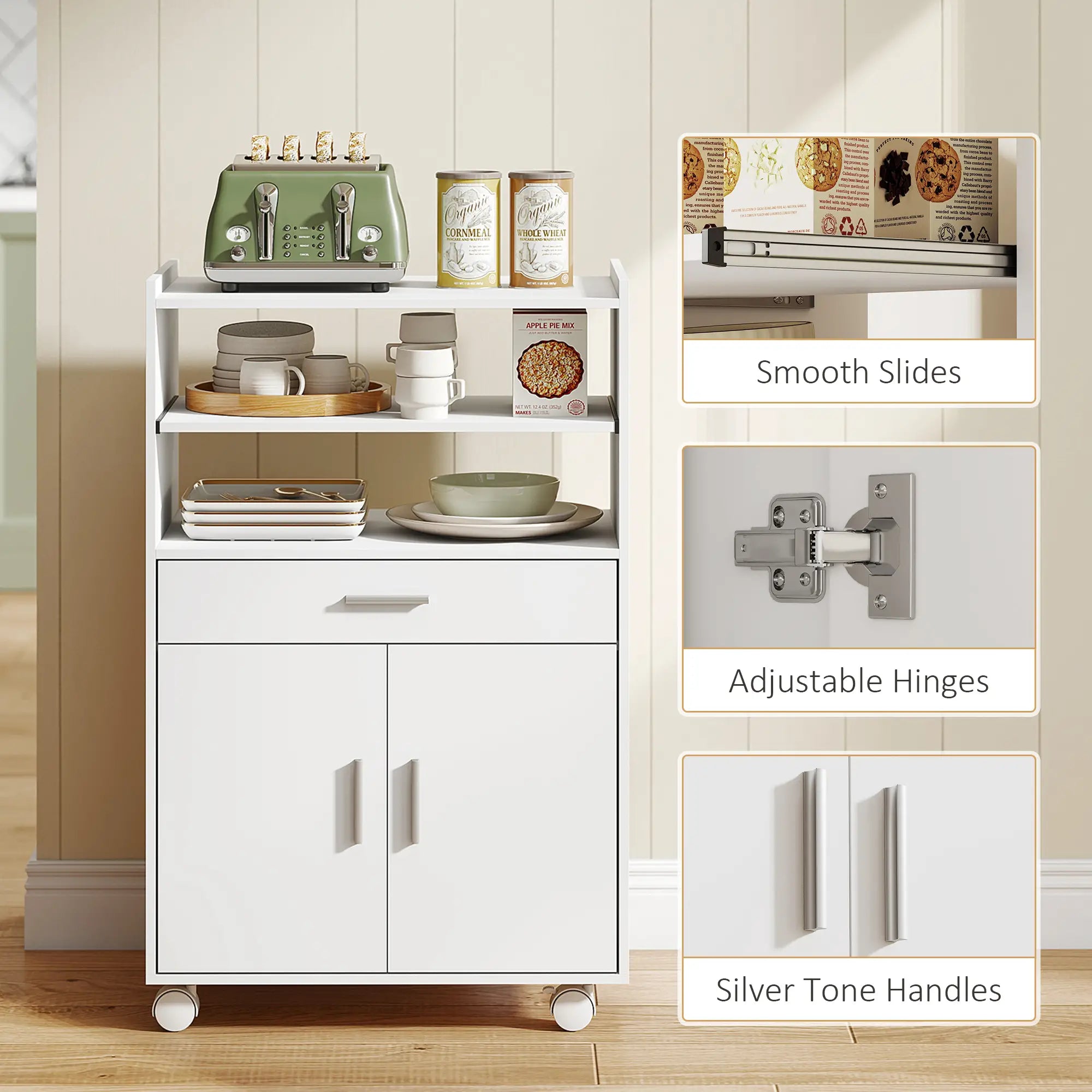 Microwave Cart with Wheels, Storage Cabinet, White Kitchen Islands & Kitchen Carts at Gallery Canada