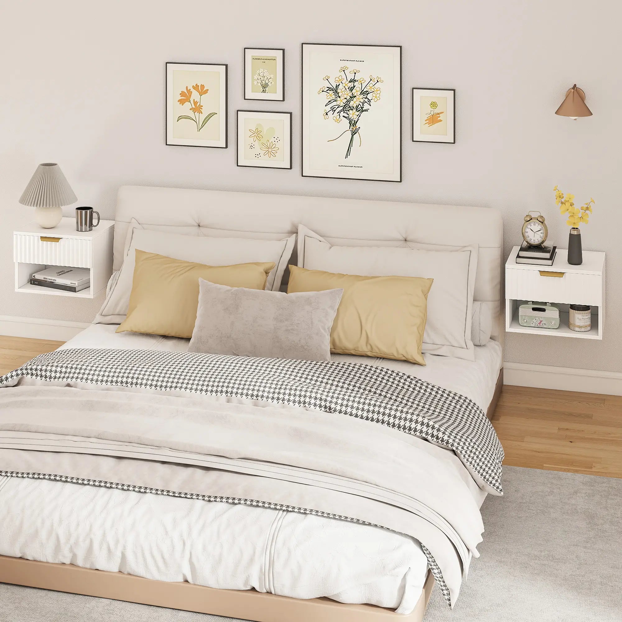 Floating Nightstands, Set of 2 with Drawer and Shelf, White Bedside Tables at Gallery Canada