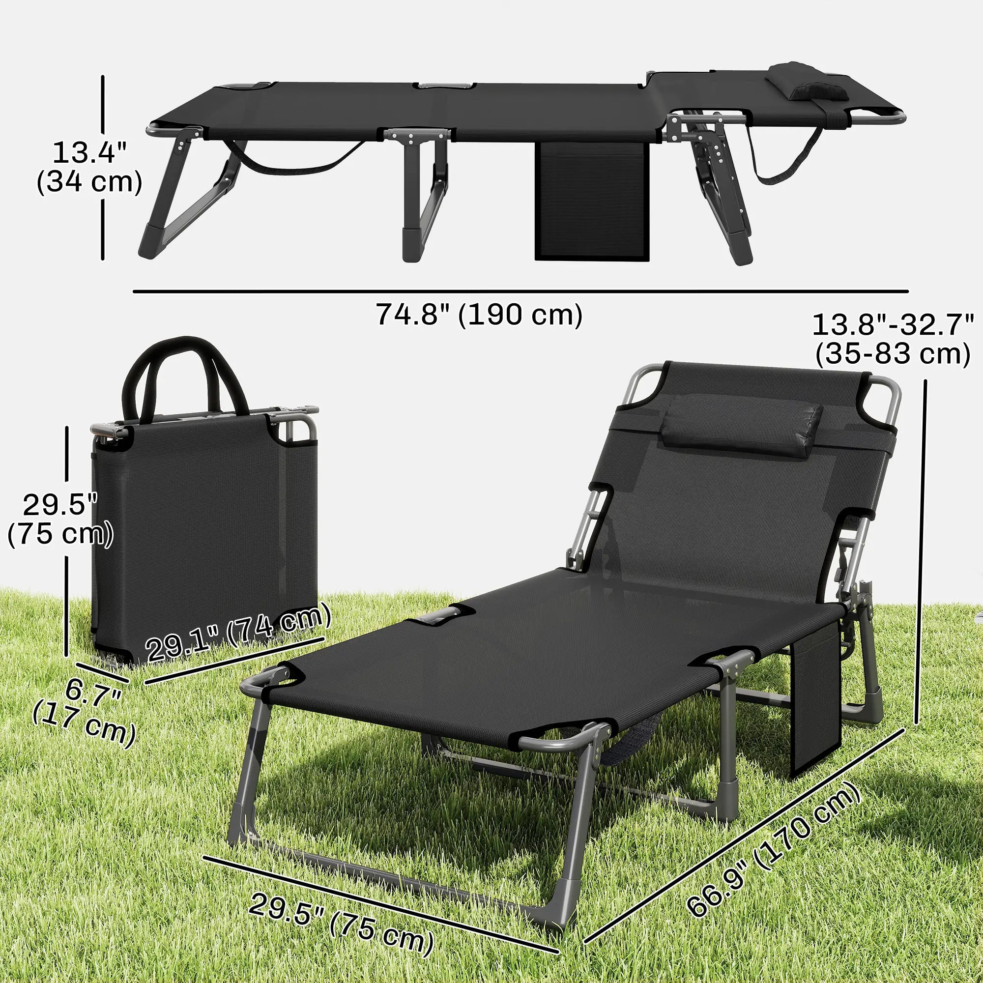 75 cm Wide Folding Chaise Lounge Chair, Outdoor Tanning Chair, Camping Cot, Grey/Blue Lounger Chairs at Gallery Canada