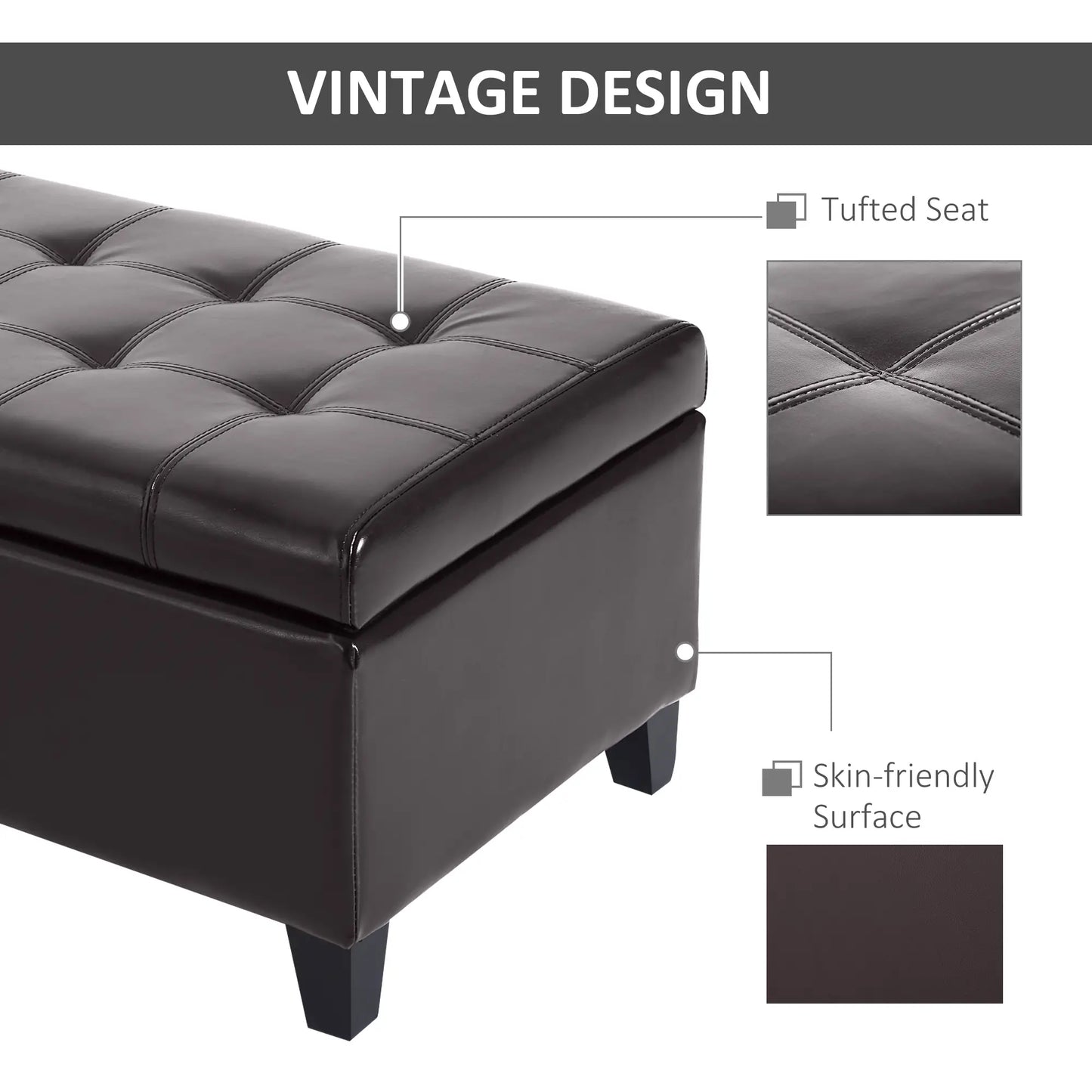 Storage Ottoman Bench, 51 Inches PU Leather, Solid Wood Legs, Brown Storage Ottomans & Benches at Gallery Canada