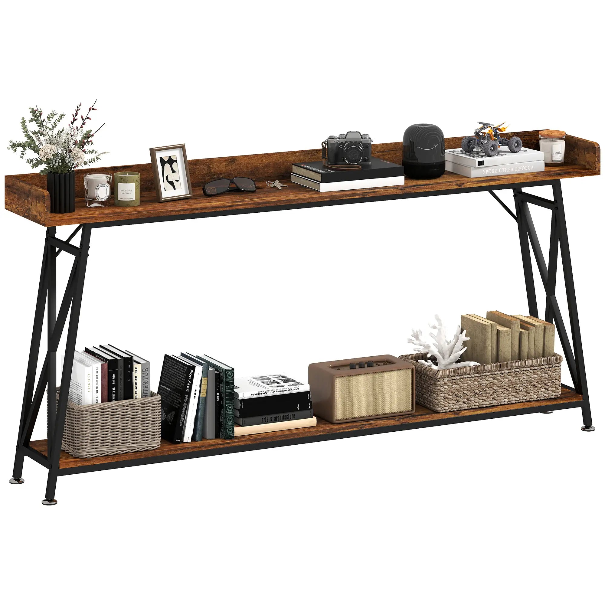 71 Inch Extra Long Console Table with Storage Shelf, Rustic Brown Console Tables at Gallery Canada