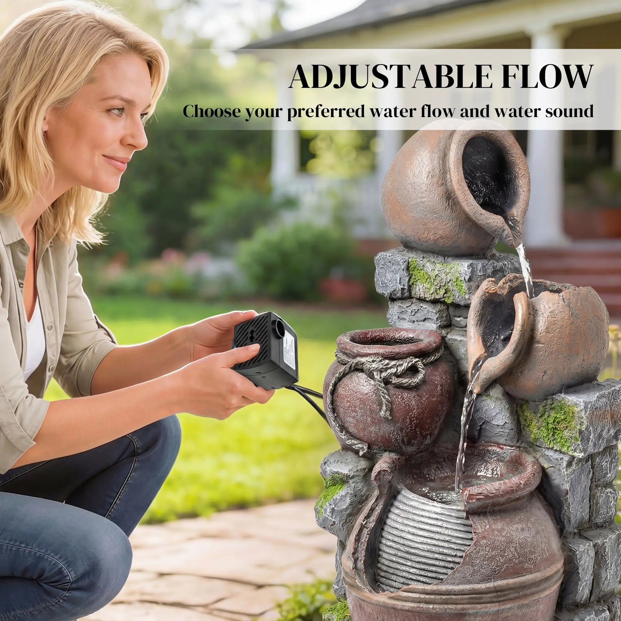 Outdoor Fountain, 4-Tier Rustic Pot, Cascading Rock Waterfall, LED Lights, Adjustable Flow Water Fountains at Gallery Canada