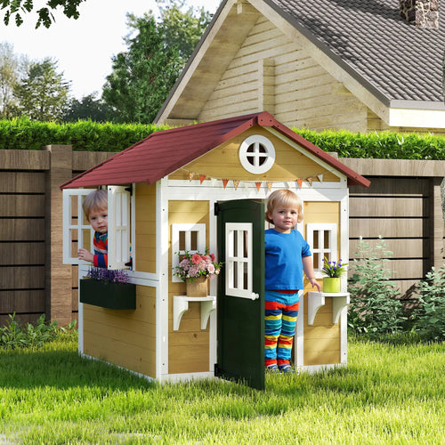 Wooden Playhouse for Kids, Outdoor with Door, Windows, Beige