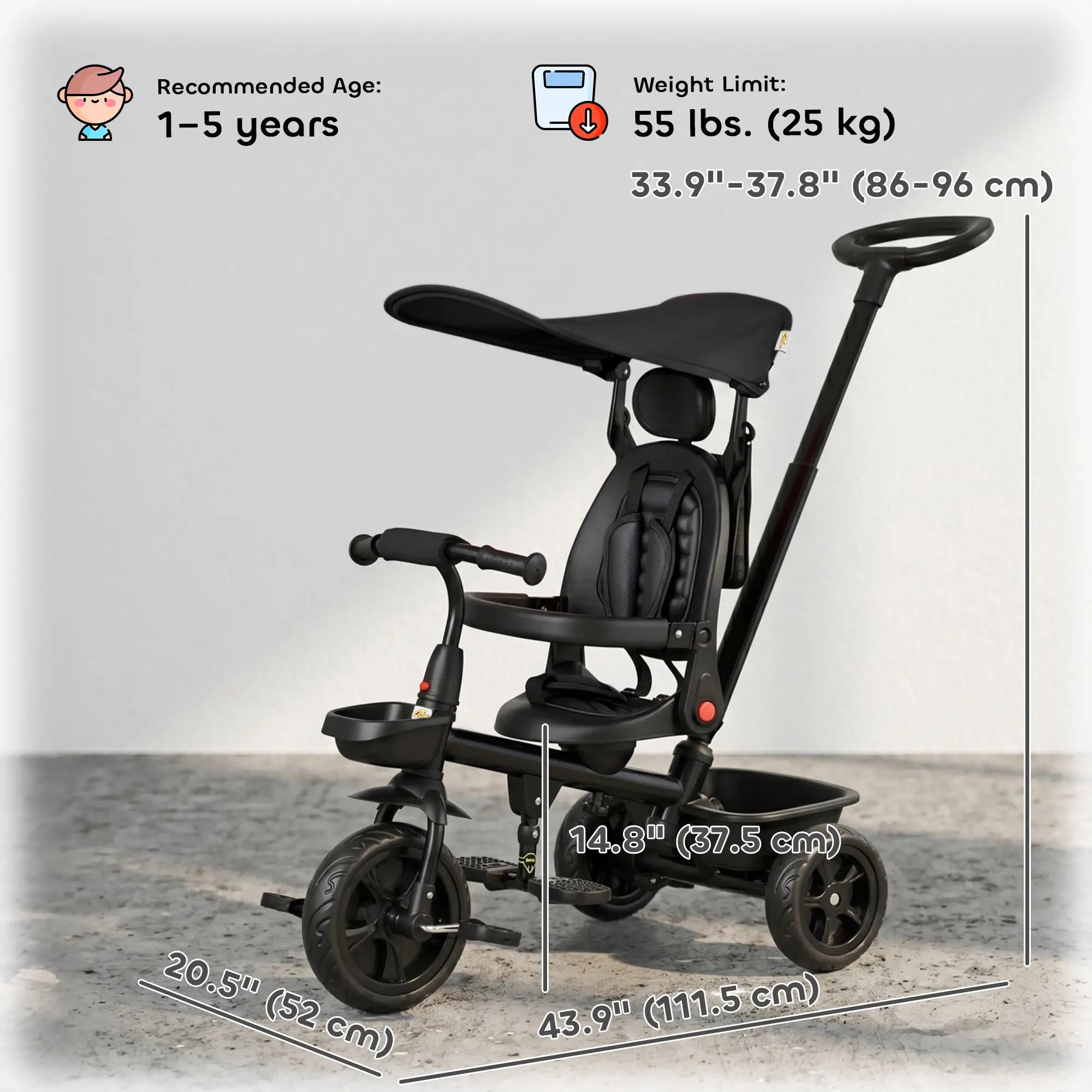 Toddler Tricycle, 4 In 1 Kids Trike, Adjustable Seat, Black Tricycles for Kids at Gallery Canada