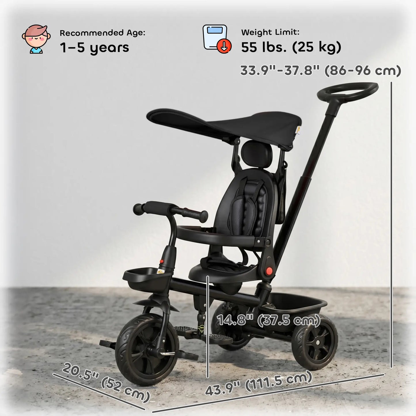 Toddler Tricycle, 4 In 1 Kids Trike, Adjustable Seat, Black Tricycles for Kids at Gallery Canada