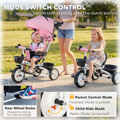 6 in 1 Toddler Tricycle, Parent Push Handle, Canopy, Storage Baskets, Pink Tricycles for Kids at Gallery Canada