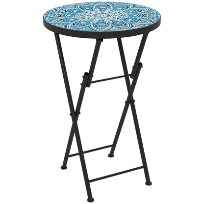 Mosaic Outdoor Patio Side Table, 14" Round, Steel Frame, Blue Patio Side Tables Blue, White, Black at Gallery Canada