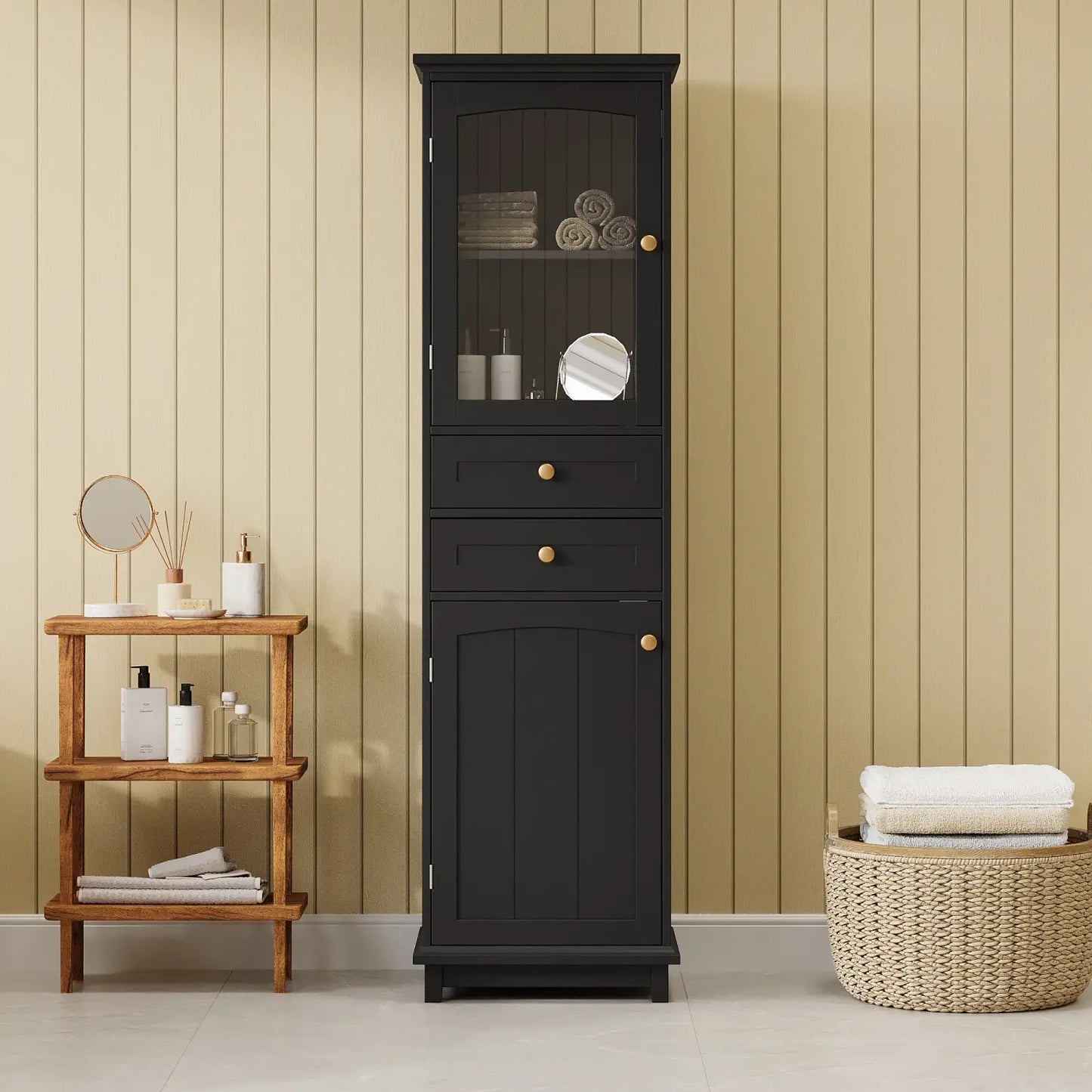 Bathroom Storage Cabinet, Glass Doors, Adjustable Shelves, 18" L x 14" W x 63" H, Black Bathroom Cabinets at Gallery Canada