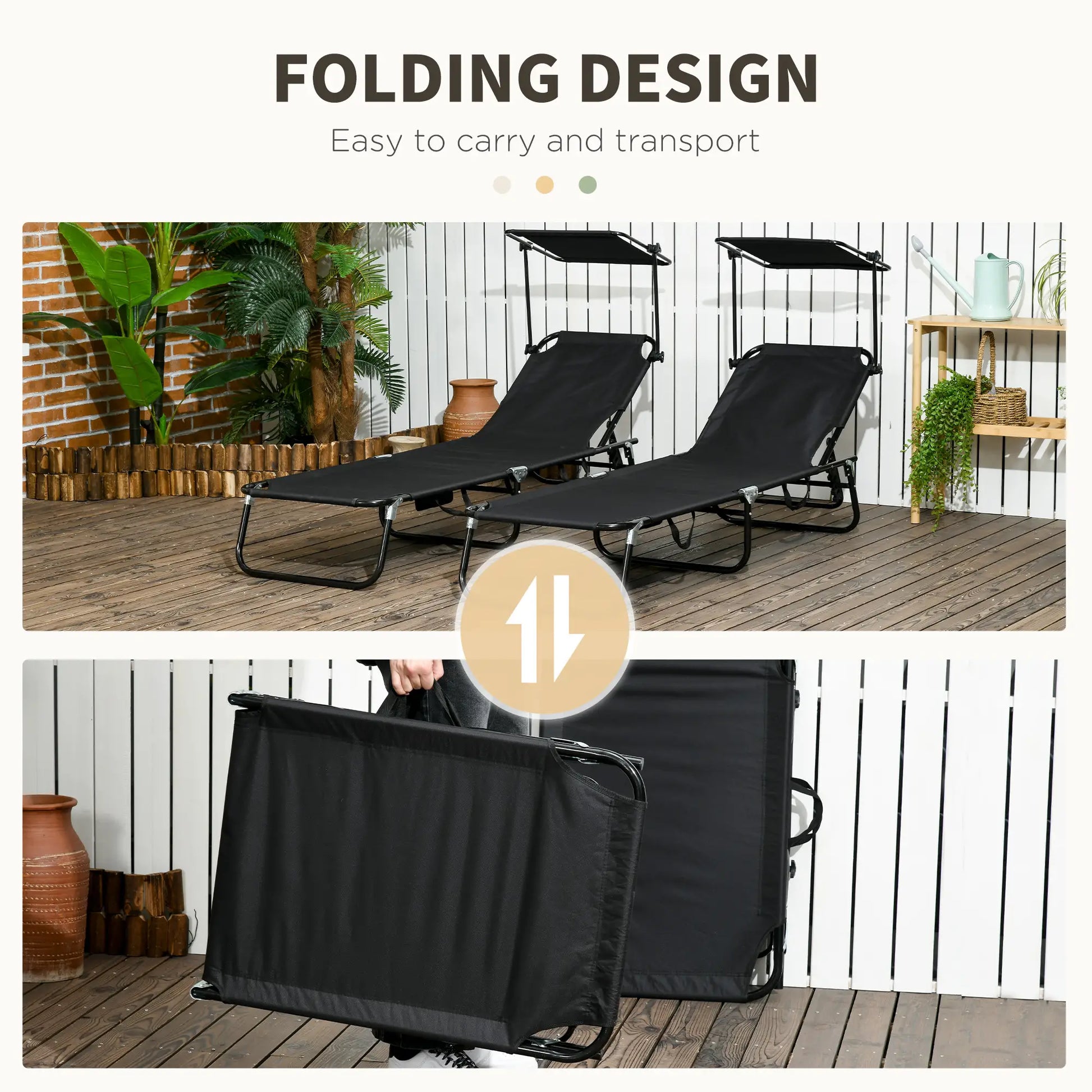 2 Piece Folding Chaise Lounges, Reclining Back, Sunshade, Black Lounger Chairs at Gallery Canada
