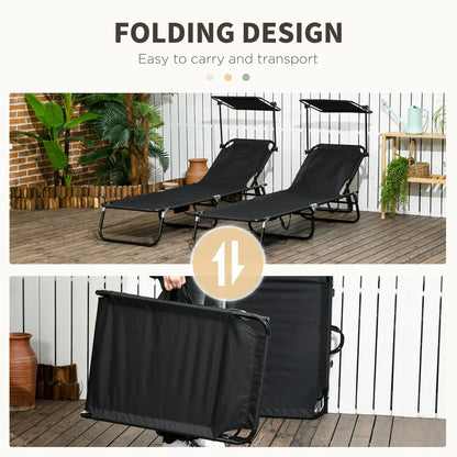 2 Piece Folding Chaise Lounges, Reclining Back, Sunshade, Black Lounger Chairs at Gallery Canada