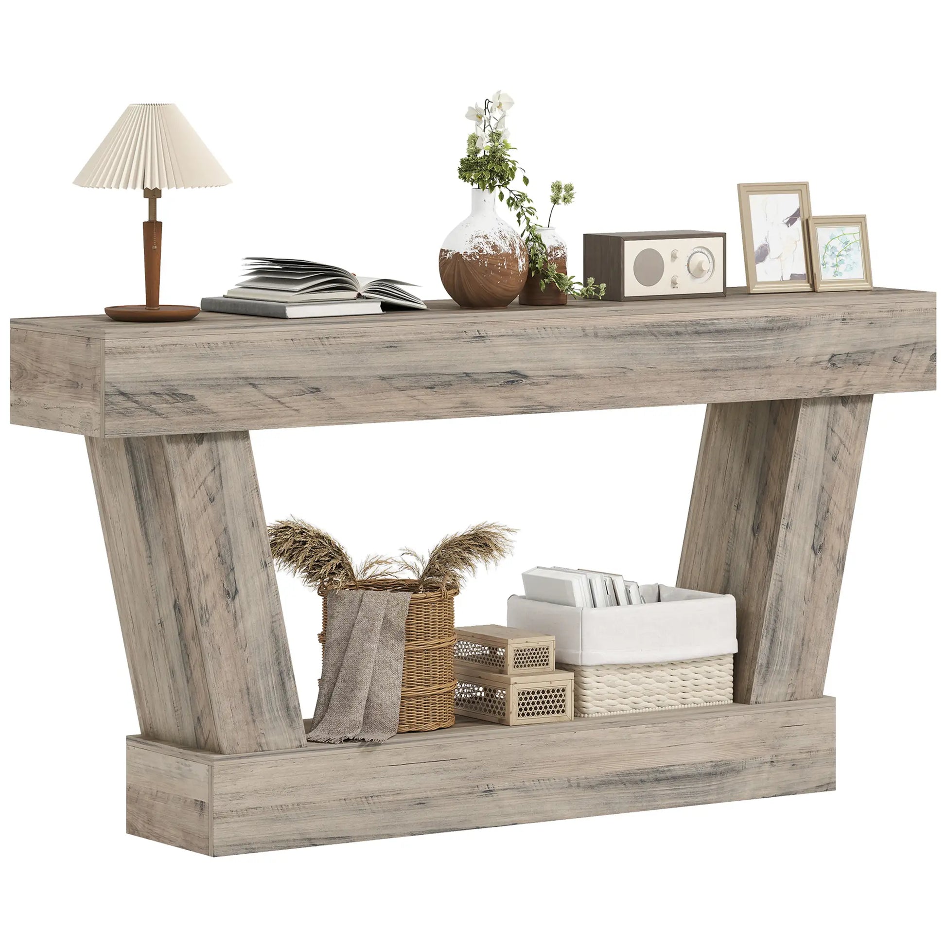 63 Inch Vintage Console Table, Narrow Entryway Table with Shelf, Light Brown Console Tables at Gallery Canada