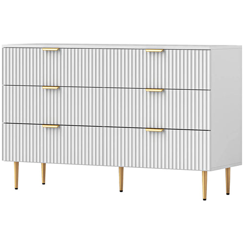 Modern 6 Drawer Dresser, Gold Legs and Handles, White