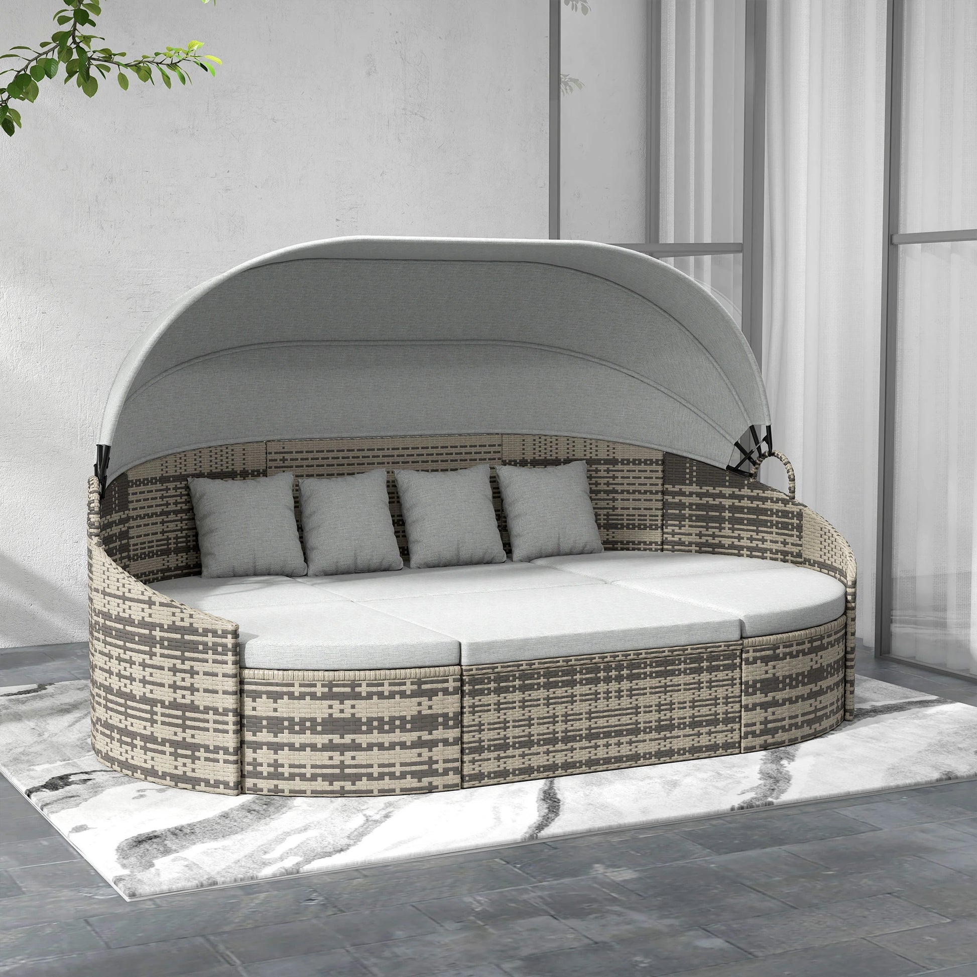 4-Piece PE Wicker Round Daybed, Outdoor Rattan Lounge Set, Light Grey Daybeds at Gallery Canada