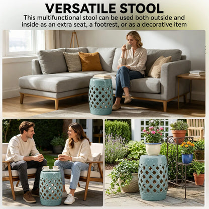18" Ceramic Garden Stool, Woven Lattice Design, Indoor Outdoor, Blue Patio Chairs at Gallery Canada
