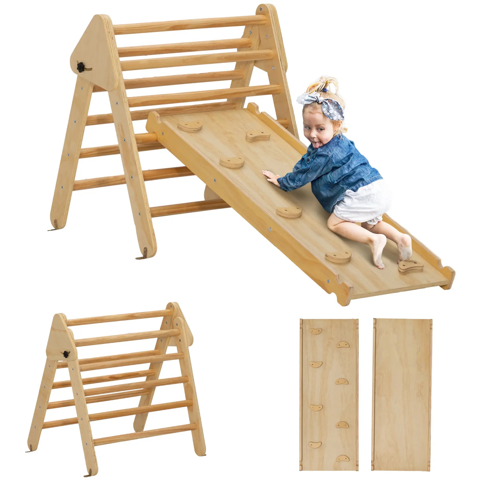 Pikler Triangle Set, 3 in 1 Climbing Toys with Ramp, Nature Wood Baby Gym & Playmats at Gallery Canada