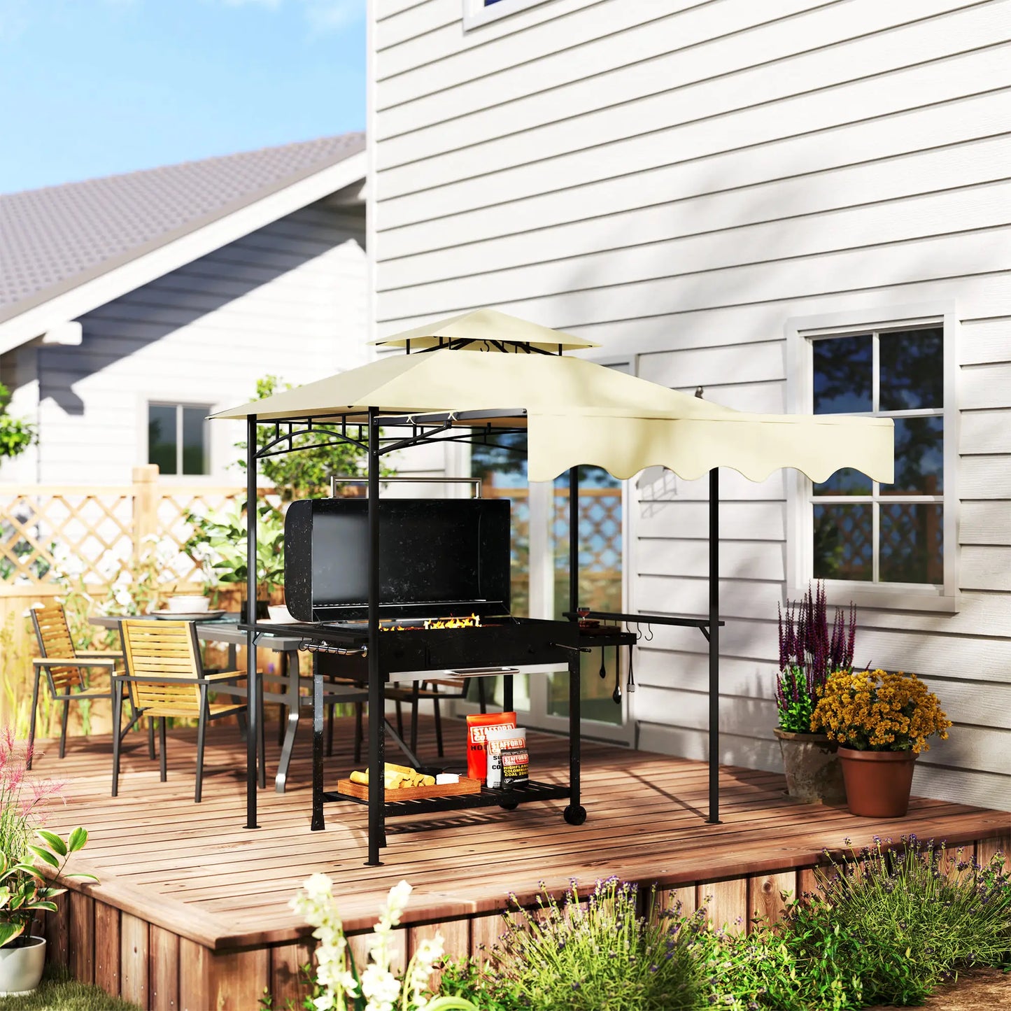 8' x 7.6' Grill Gazebo, Double Tiered, With Side Awning, Beige BBQ Grill Gazebos at Gallery Canada