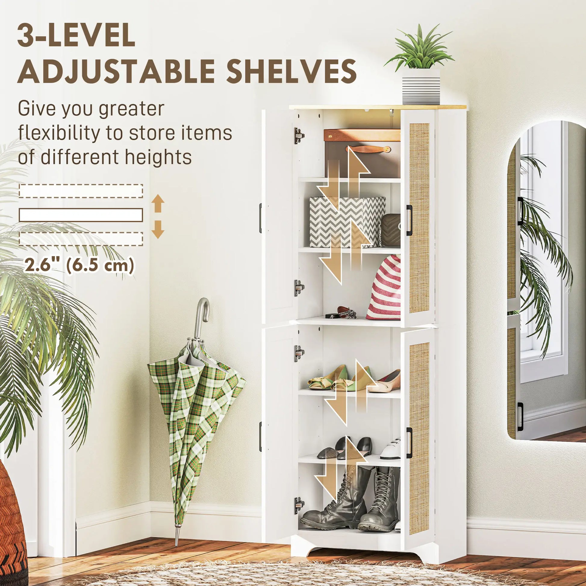 67" Tall Kitchen Pantry, Freestanding Cabinet, 4 Rattan Doors, Adjustable Shelves, White Storage Cabinets at Gallery Canada