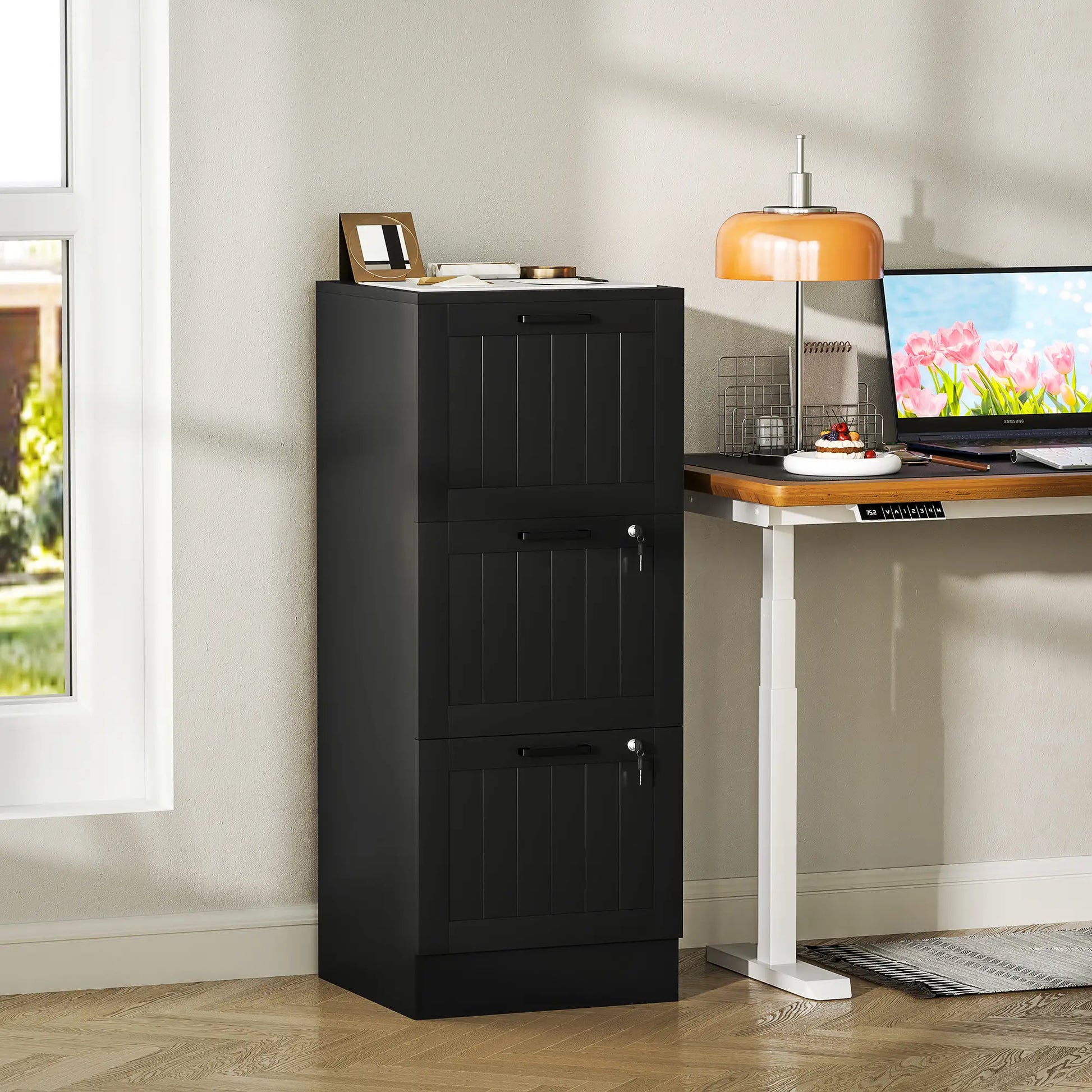 3 Drawer Filing Cabinet with Lock, Adjustable Hanging Bars, Black Office Cabinets & Cupboards at Gallery Canada