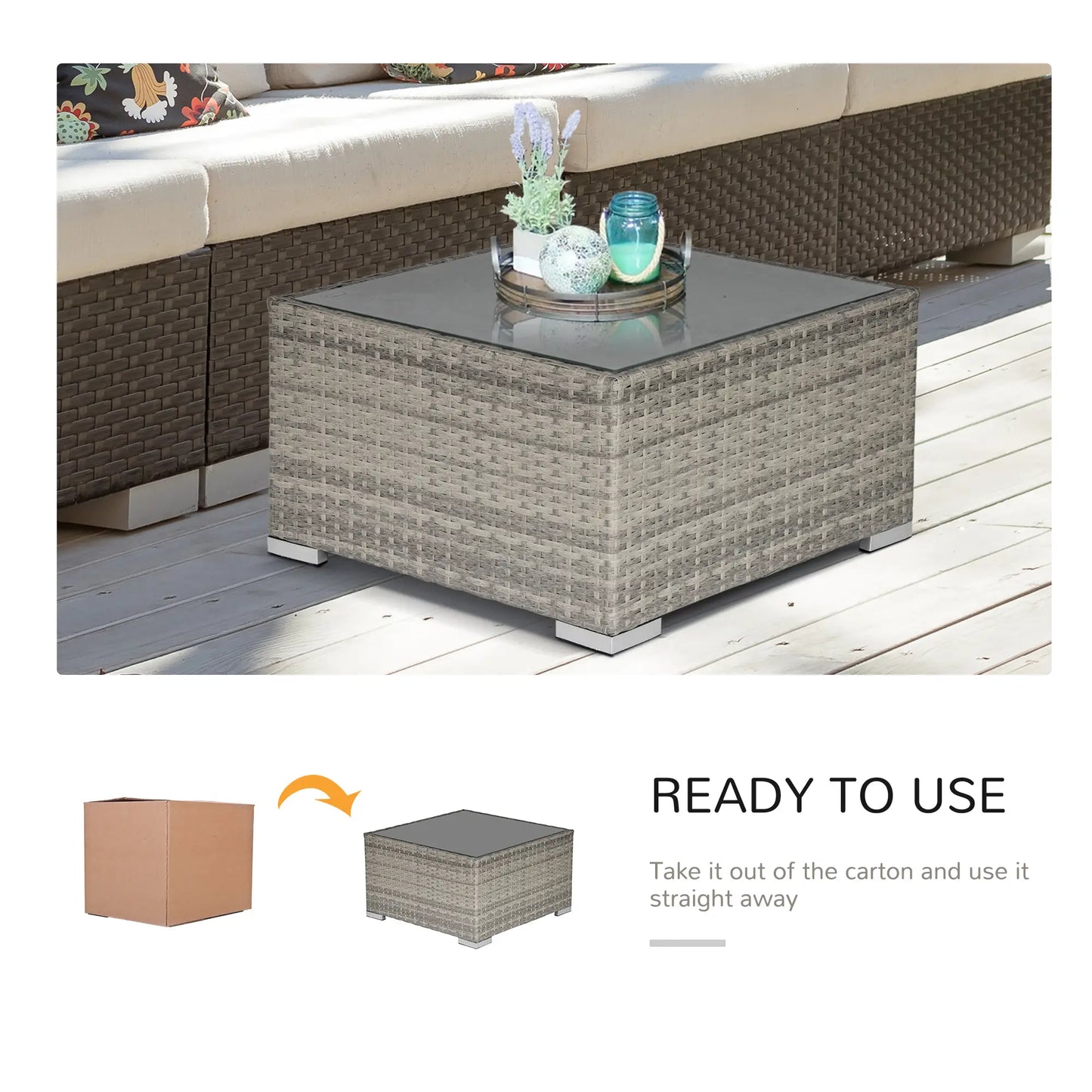 Rattan Garden Coffee Table, 25.6" Square, Tempered Glass Top, Grey Patio Side Tables at Gallery Canada