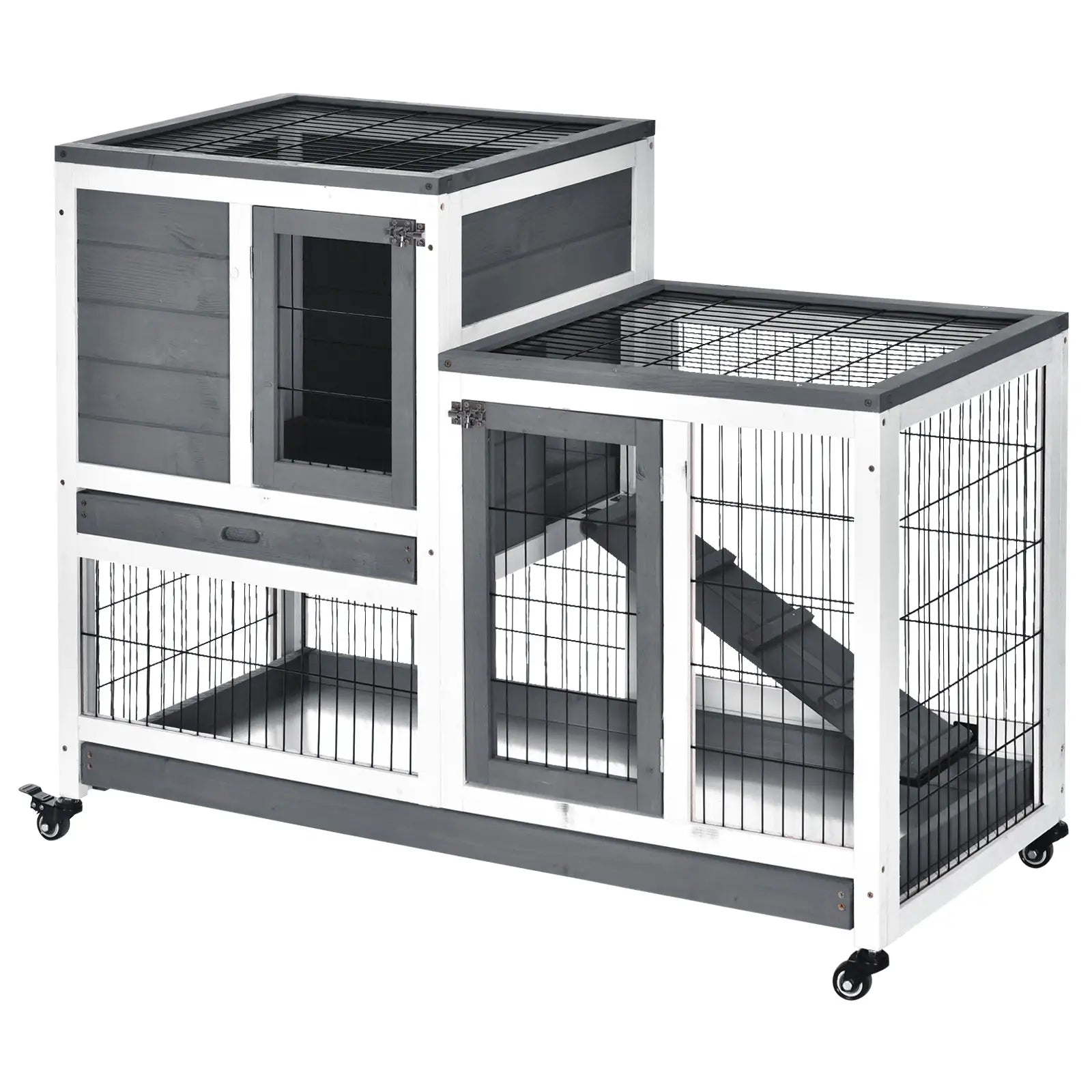 Wooden Rabbit Hutch, Indoor Bunny Cage with Wheels, Pull Out Trays, Run, Grey Rabbit Hutch at Gallery Canada