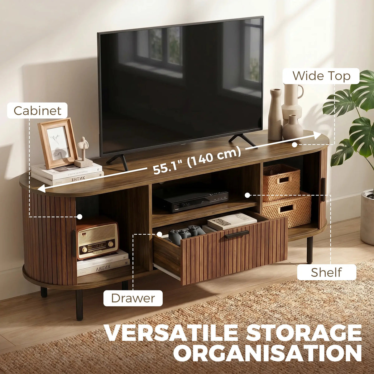 TV Stand for TVs up to 60", Modern Entertainment Center with Curved Sliding Doors and Storage, Brown TV Stands at Gallery Canada