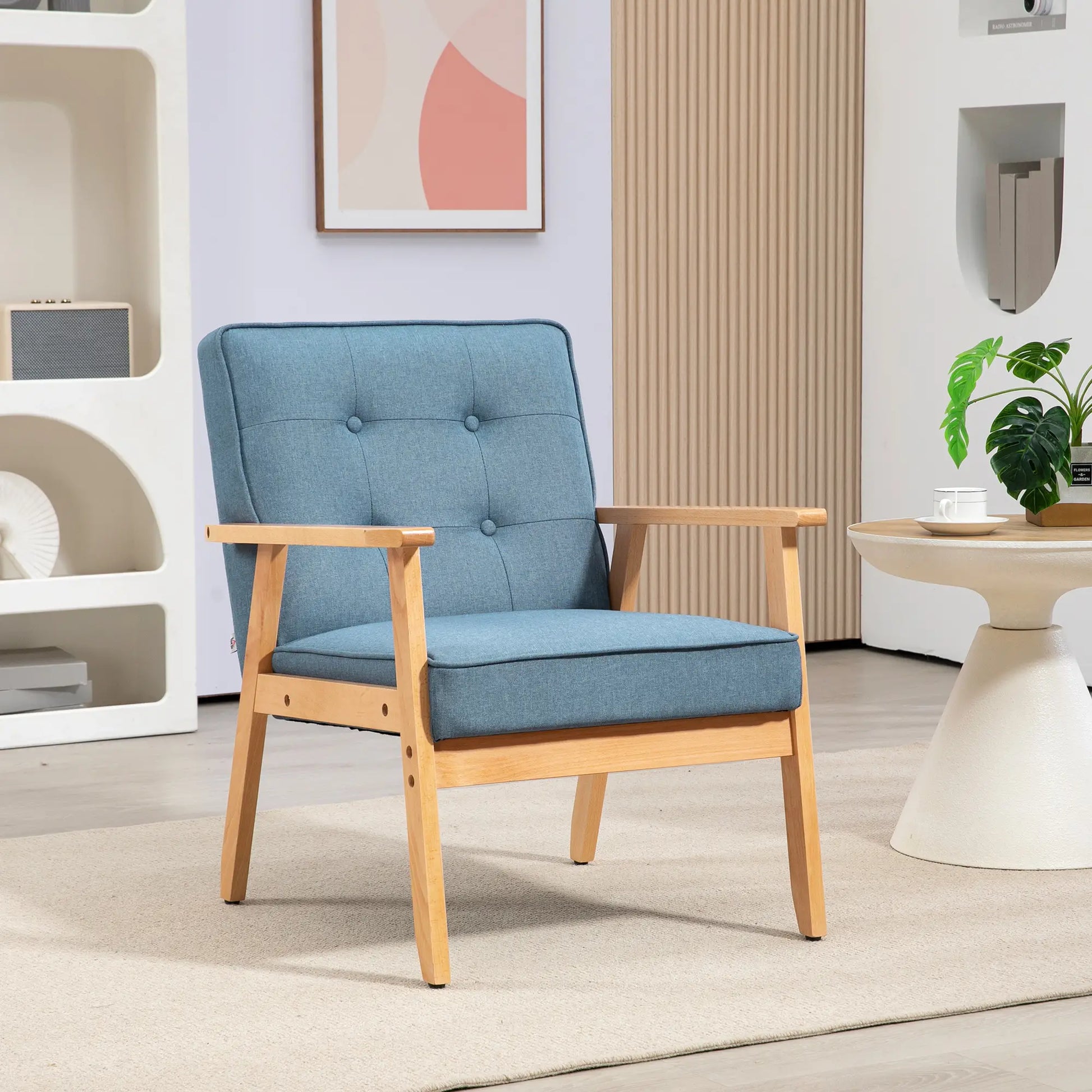 Modern Fabric Armchair, Tufted Back, Wood Legs, Thick Padding, Blue Accent Chairs at Gallery Canada