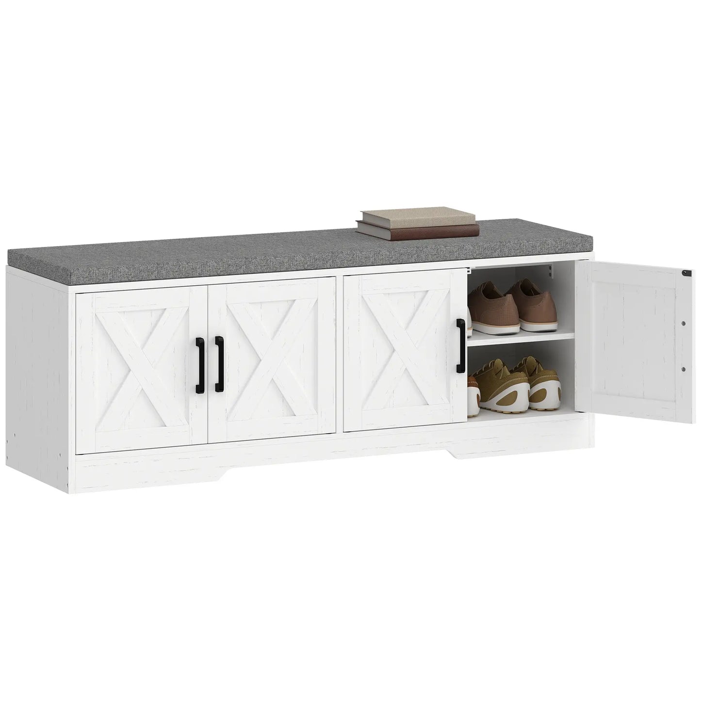 Shoe Bench With Cushion, Adjustable Shelves, White