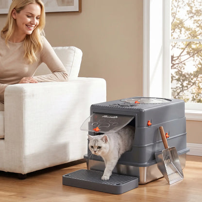 Enclosed Stainless Steel Cat Litter Box with Lid, Grey Cat Litter Box Enclosures at Gallery Canada