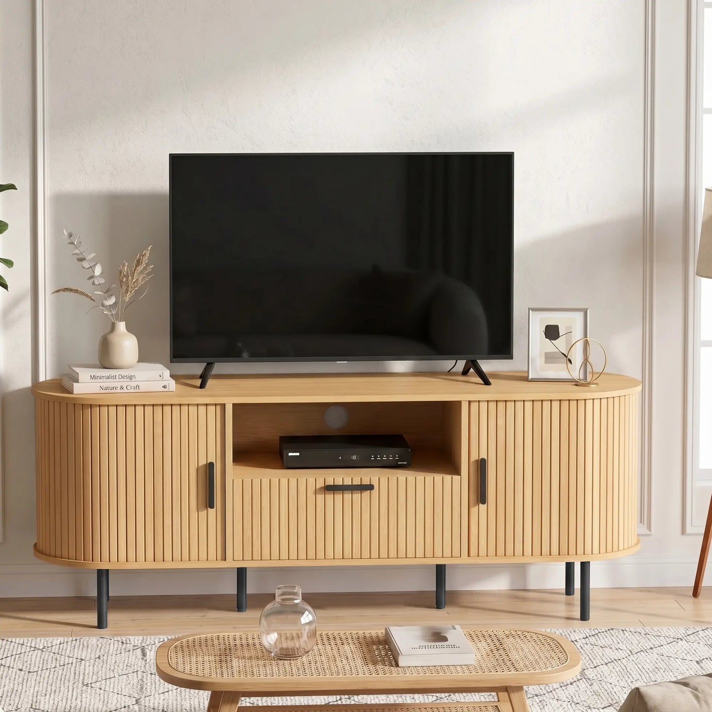 TV Stand for TVs up to 60", Modern Entertainment Center with Curved Sliding Doors and Storage, Natural Wood