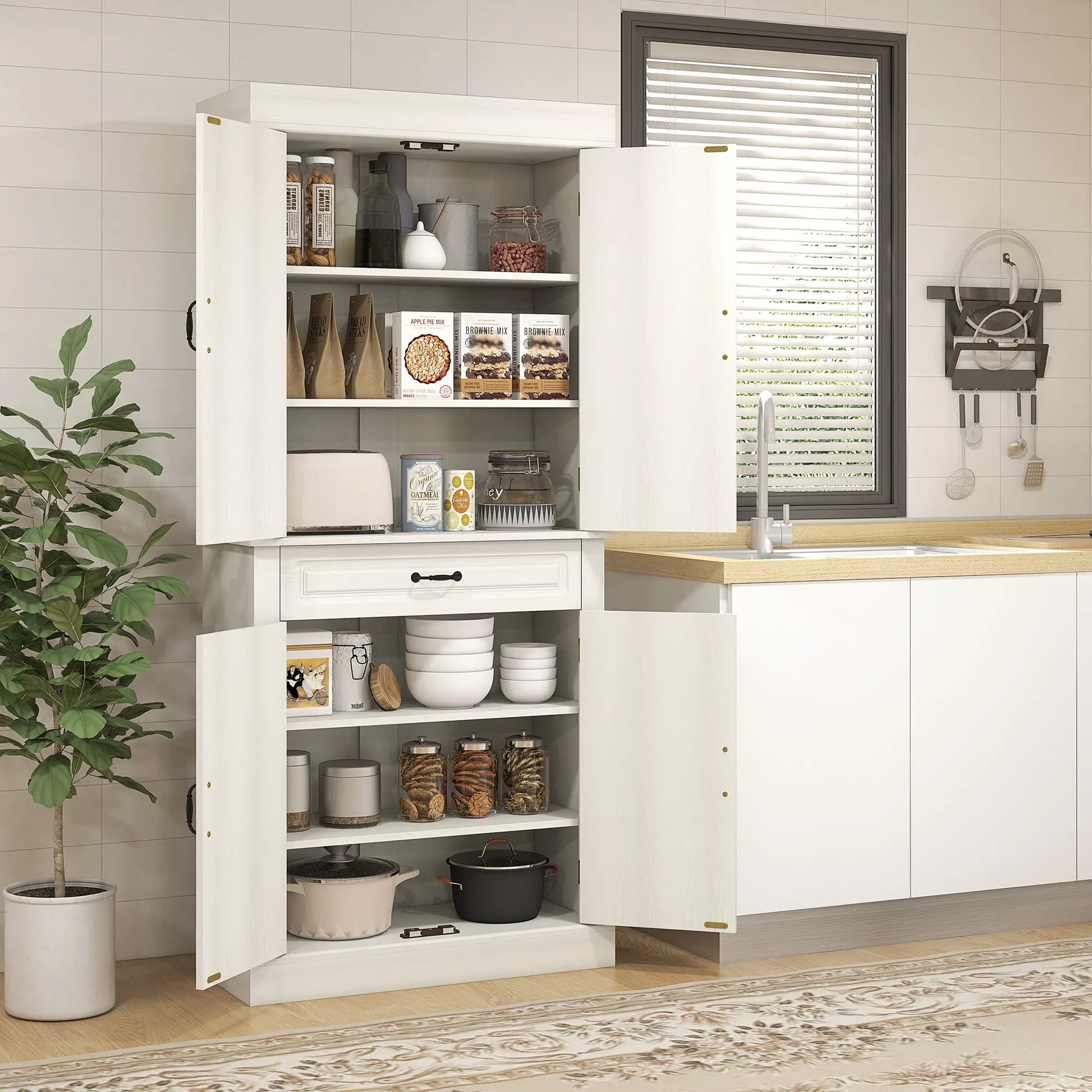 71" Freestanding Kitchen Pantry, 4 Doors 2 Cabinets, Distressed White, White Kitchen Pantry Cabinets at Gallery Canada