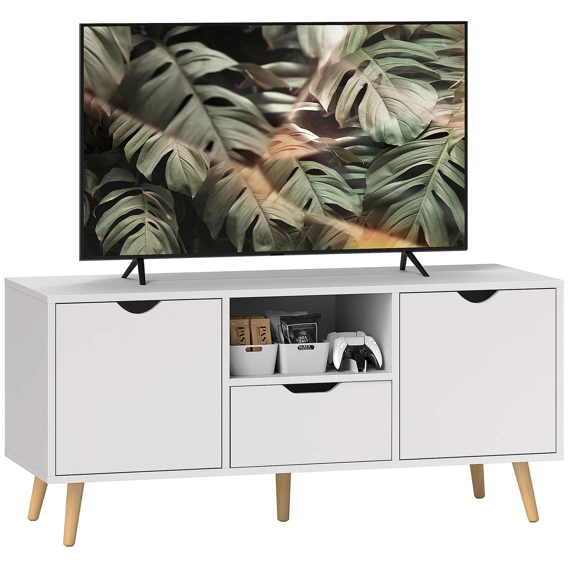 TV Stand for 50" TV, Storage with Shelf, Drawer, 2 Cabinets, White TV Stands at Gallery Canada