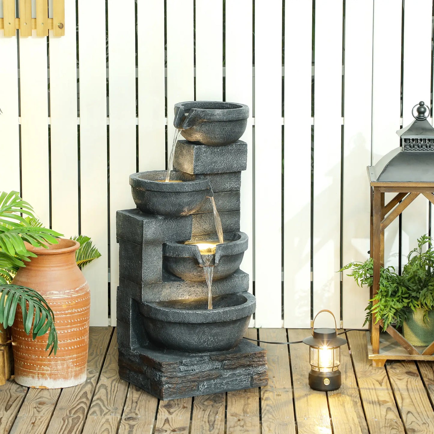 30" Tall Outdoor Water Fountain, LED Lights, 4-Tier Resin Bowls, Grey Water Fountains at Gallery Canada