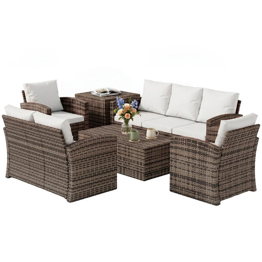 6-Piece Wicker Patio Furniture Set, 7-Seater with Cushions, Cream White Patio Furniture Sets Mixed Brown Rattan, Cream White Cushion at Gallery Canada