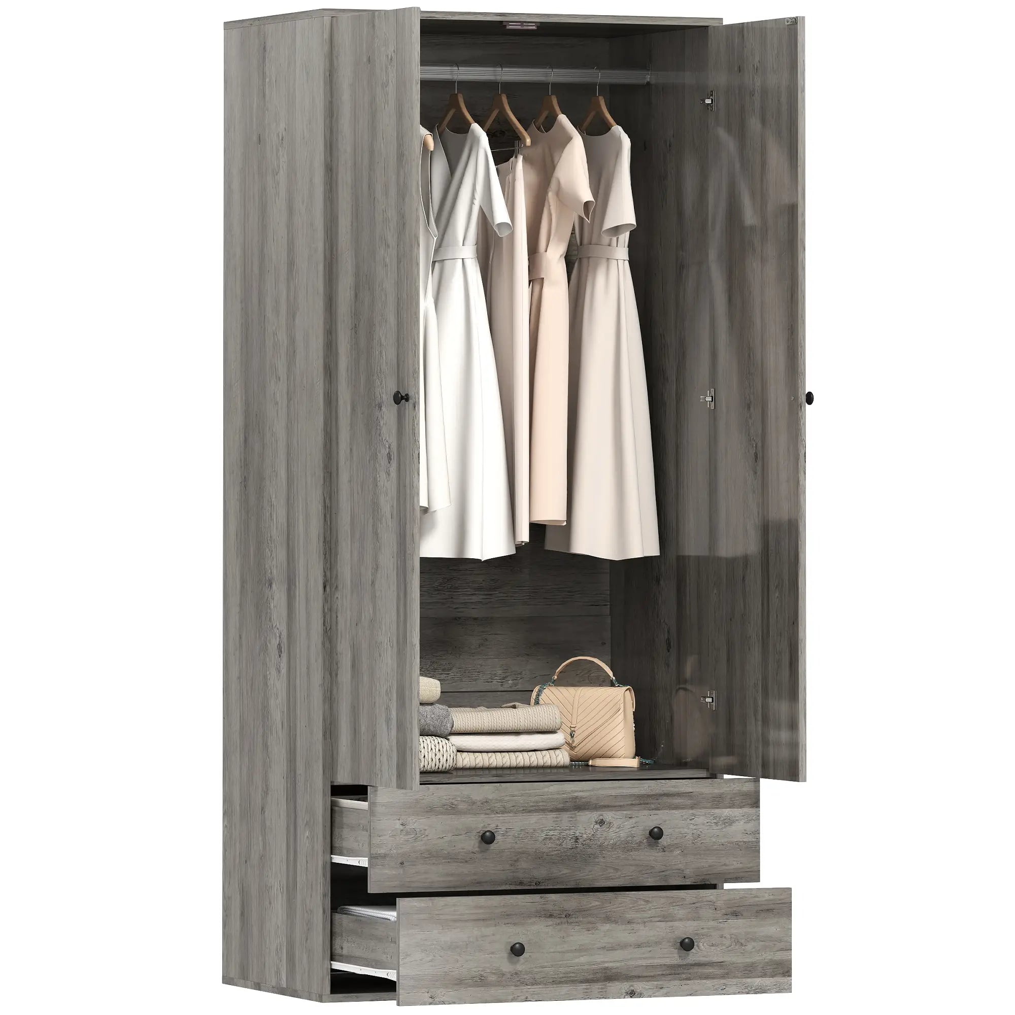 Modern Wardrobe Closet, 2 Drawers, Hanging Rod, Grey Clothing Storage at Gallery Canada