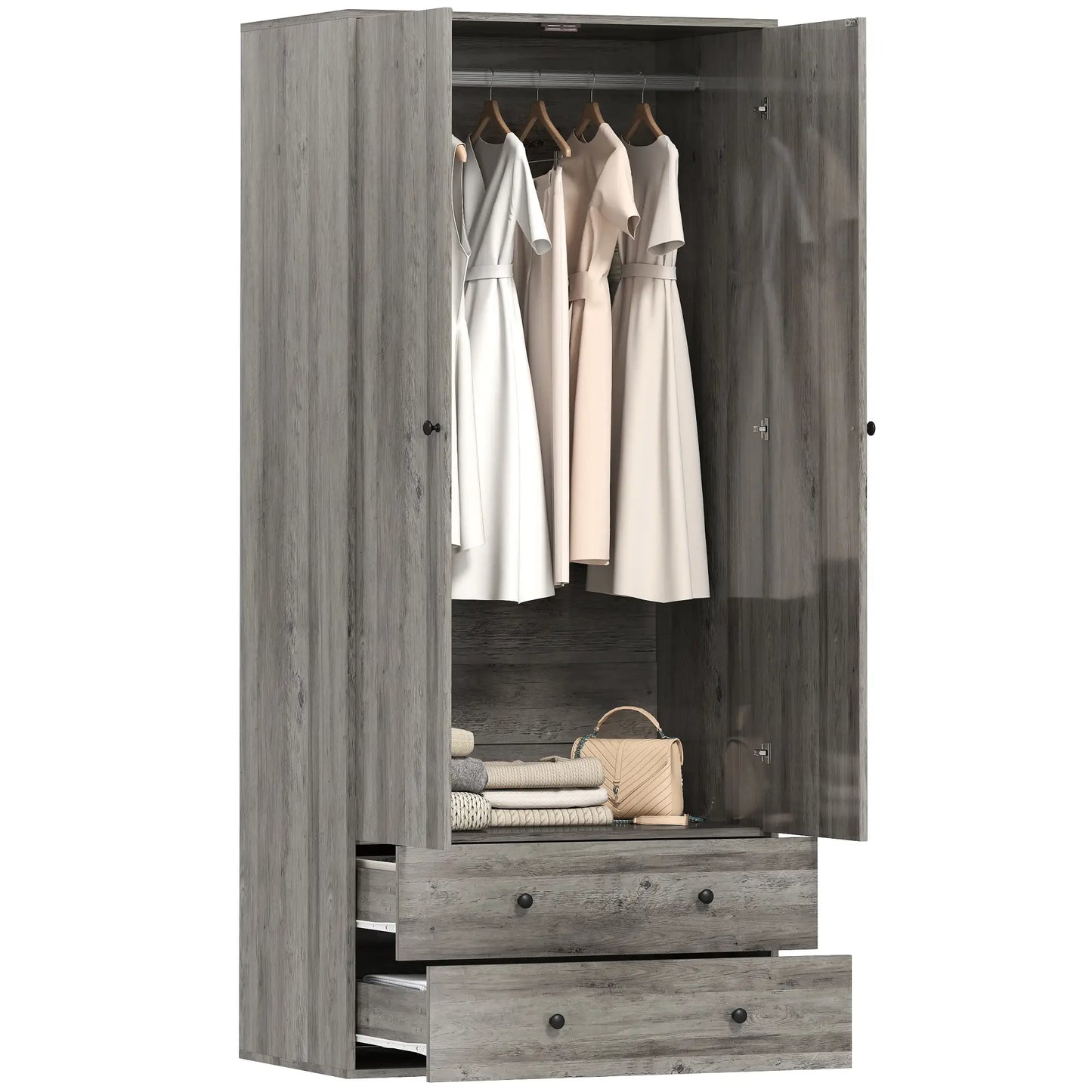 Modern Wardrobe Closet, 2 Drawers, Hanging Rod, Grey Clothing Storage at Gallery Canada